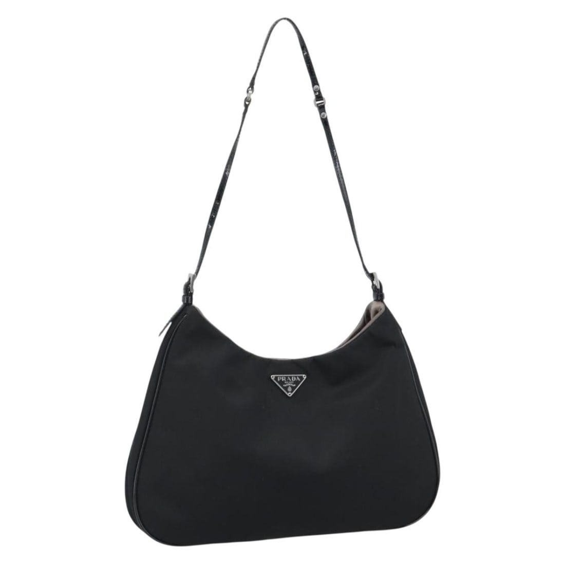 Prada Nylon Hand Pouch Black Silver with Dust Bag: Prada Nylon Hand Pouch Black Silver with Dust Bag Prada nylon hand bag in black with silver-tone accents. Made in Italy, this women's pouch-style hand bag includes a dust bag. Condition is B with reas
