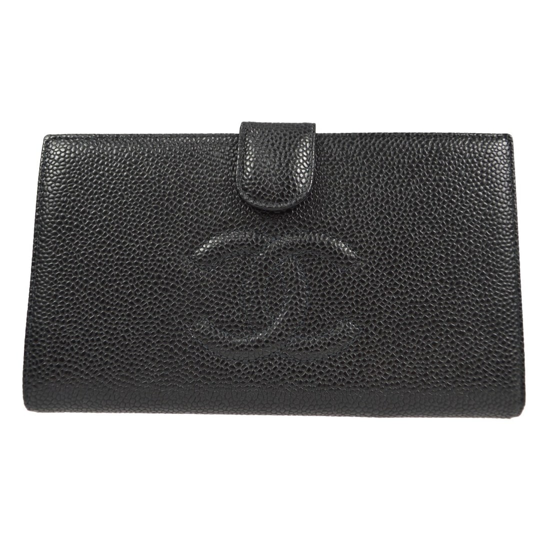 Chanel CC Caviar Skin Leather Bifold Wallet Black: Chanel CC Caviar Skin Leather Bifold Wallet Black Black Chanel long bifold wallet purse in caviar skin leather with a CC pattern. Made in France, this women's wallet features a structured bifold desig