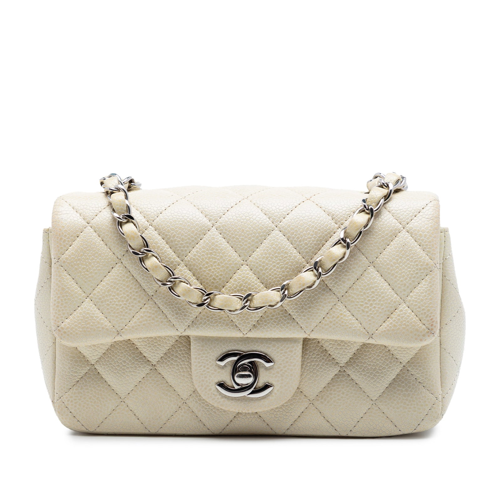 Chanel Mini Rectangular Classic Flap Bag in White Caviar Leather: Chanel Mini Rectangular Classic Flap Bag in White Caviar Leather Mini Rectangular Classic Caviar Single Flap bag in white quilted caviar leather with a leather-woven chain shoulder strap and front twi