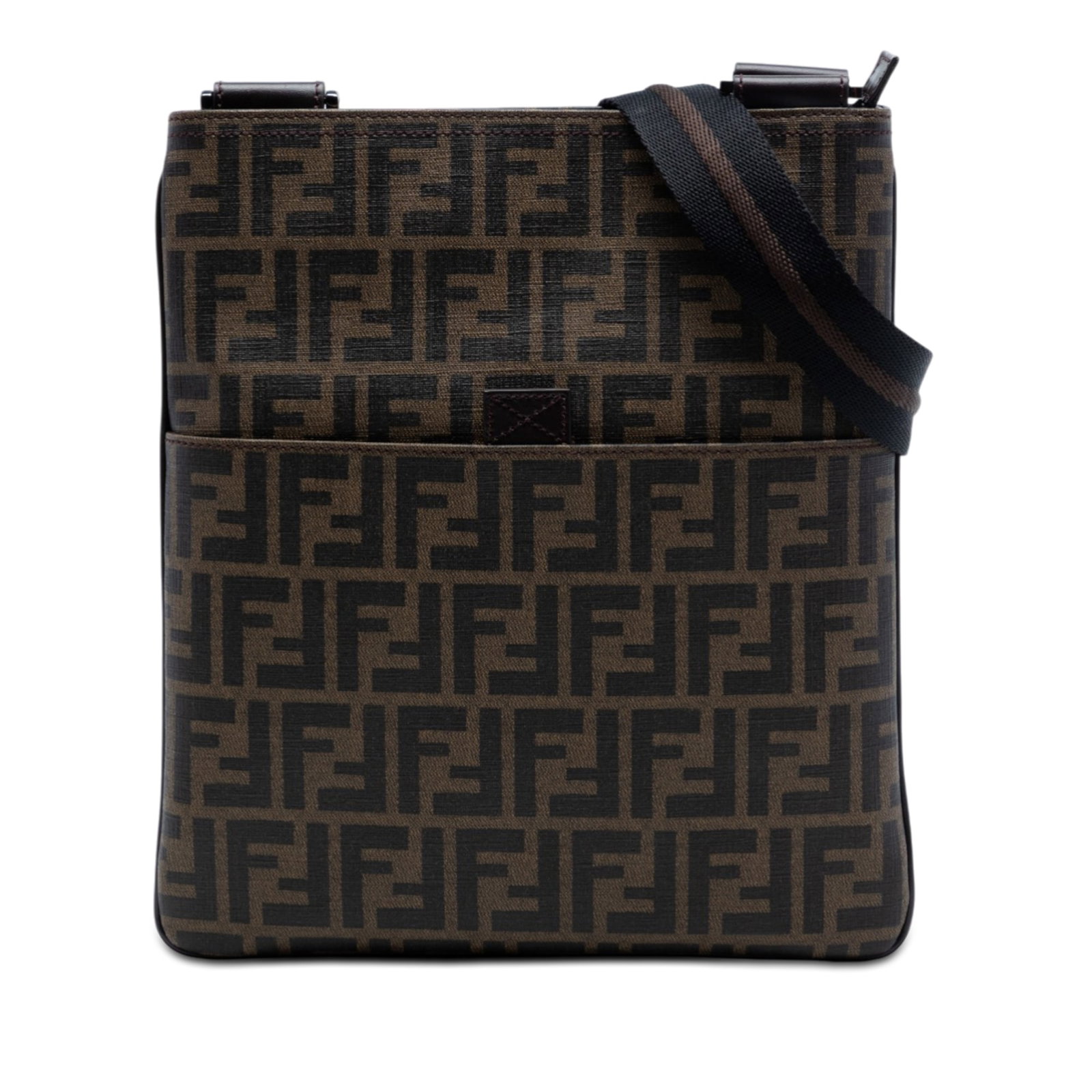 Fendi Zucca Spalmati Brown Coated Canvas Crossbody Bag: Fendi Zucca Spalmati Brown Coated Canvas Crossbody Bag This Fendi Zucca Spalmati Crossbody bag is crafted from coated canvas in a brown hue and features an adjustable flat shoulder strap for comfortab
