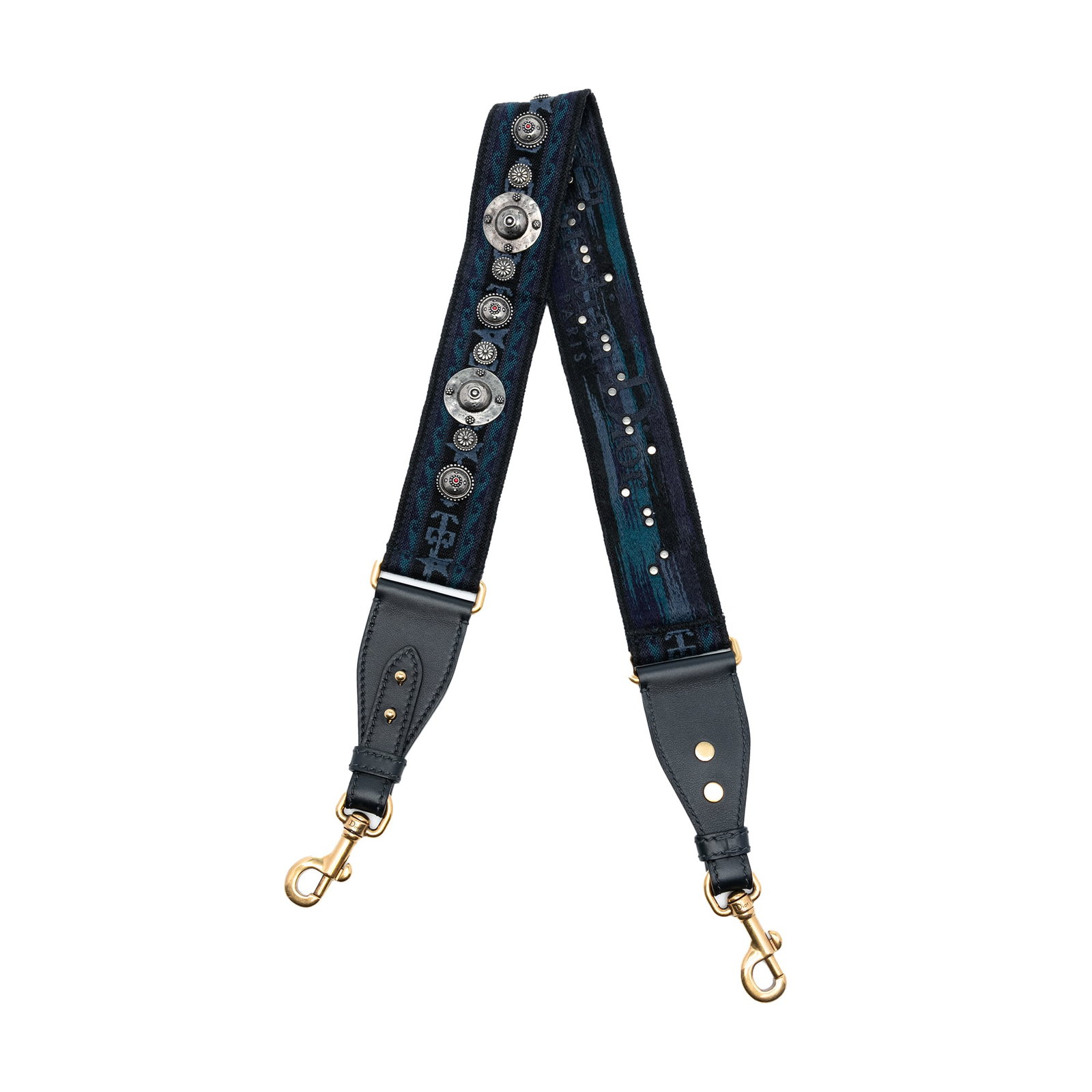 Dior Blue Studded Canvas Embroidered Bag Strap: Dior Blue Studded Canvas Embroidered Bag Strap Enhance your style with this Dior Studded Canvas Embroidered Bag Strap. Crafted with a studded canvas body, this shoulder strap features elegant leather 