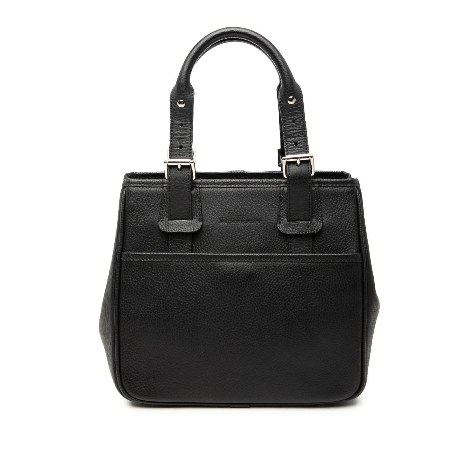 Burberry black leather tote handbag with front slip pocket: Burberry black leather tote handbag with front slip pocket This Burberry handbag features a black leather body with flat leather handles, an open top, a front exterior slip pocket, and interior zip an