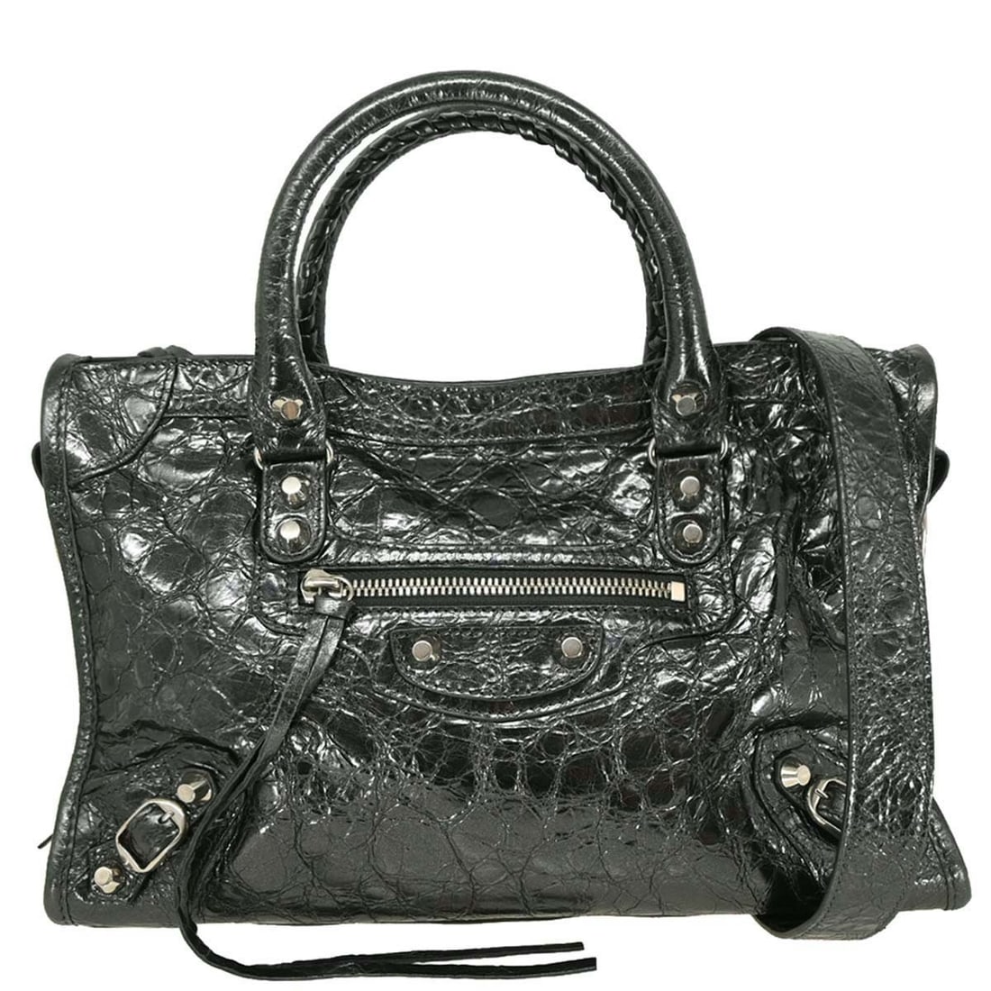 Balenciaga City Small metallic silver calfskin 2way handbag: Balenciaga City Small metallic silver calfskin 2way handbag Vintage Balenciaga City Small 2-way handbag in metallic silver calfskin leather. This women's top handle bag features logo accents, an exter
