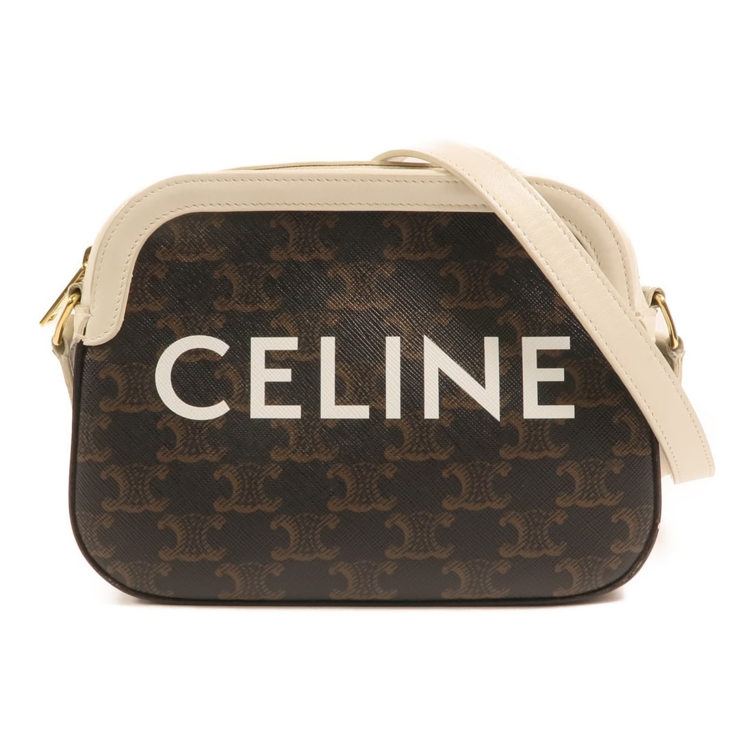 Celine Brown PVC Coated Canvas Camera Shoulder Bag with Gold Hardware: Celine Brown PVC Coated Canvas Camera Shoulder Bag with Gold Hardware This CELINE shoulder bag features a brown and white PVC coated canvas exterior. Designed for women, it offers a compact size with 