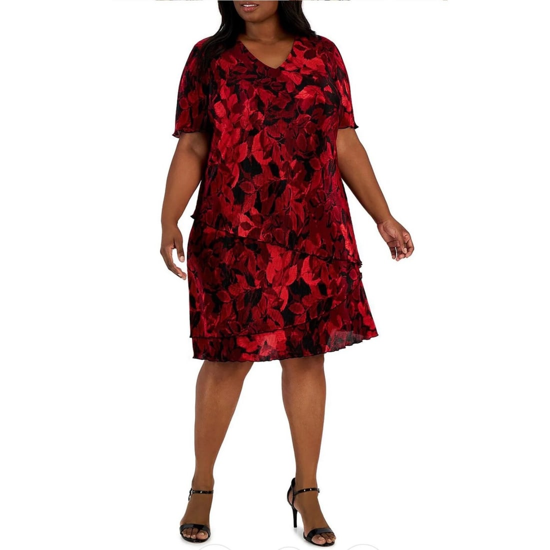 Connected Apparel Plus Size 20W Floral Ribbed Knee MIDI Dress Red (1 of 2)