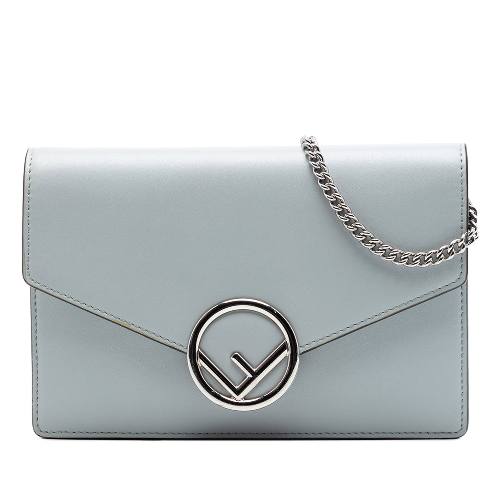 Fendi Leather Envelope Wallet On Chain Gray: Fendi Leather Envelope Wallet On Chain Gray This Fendi envelope wallet on chain features a gray leather body with a front flap and magnetic snap closure. It includes a detachable chain link strap for 