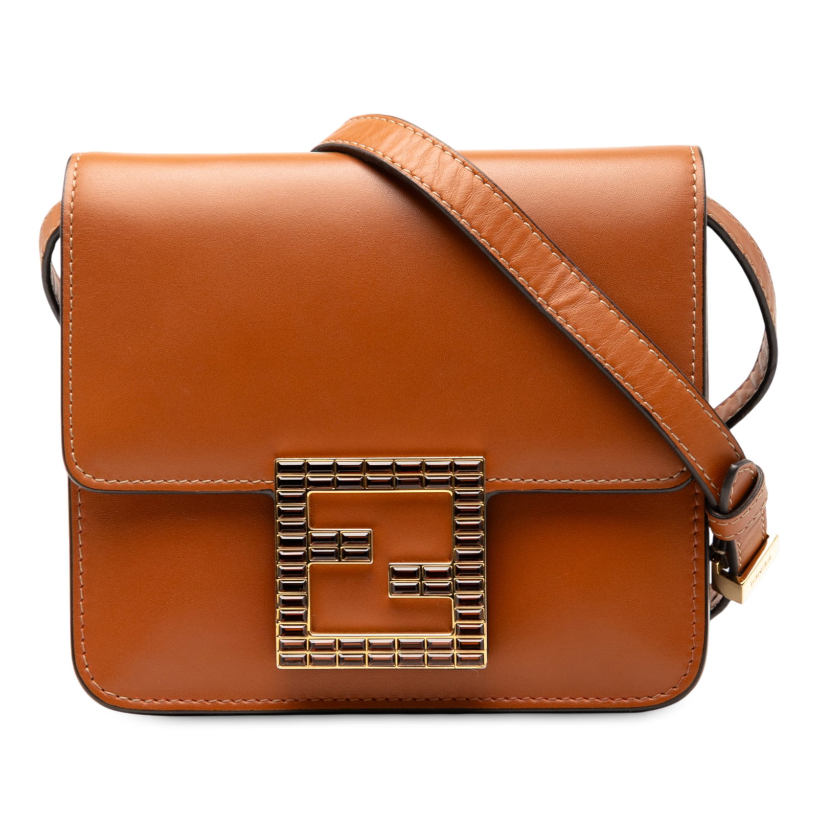 Fendi Fab Brown Leather Crossbody Bag with Crystal Logo Flap: Fendi Fab Brown Leather Crossbody Bag with Crystal Logo Flap This Fendi Fab crossbody bag features a brown leather body with an adjustable flat leather shoulder strap. The front flap is accented with 