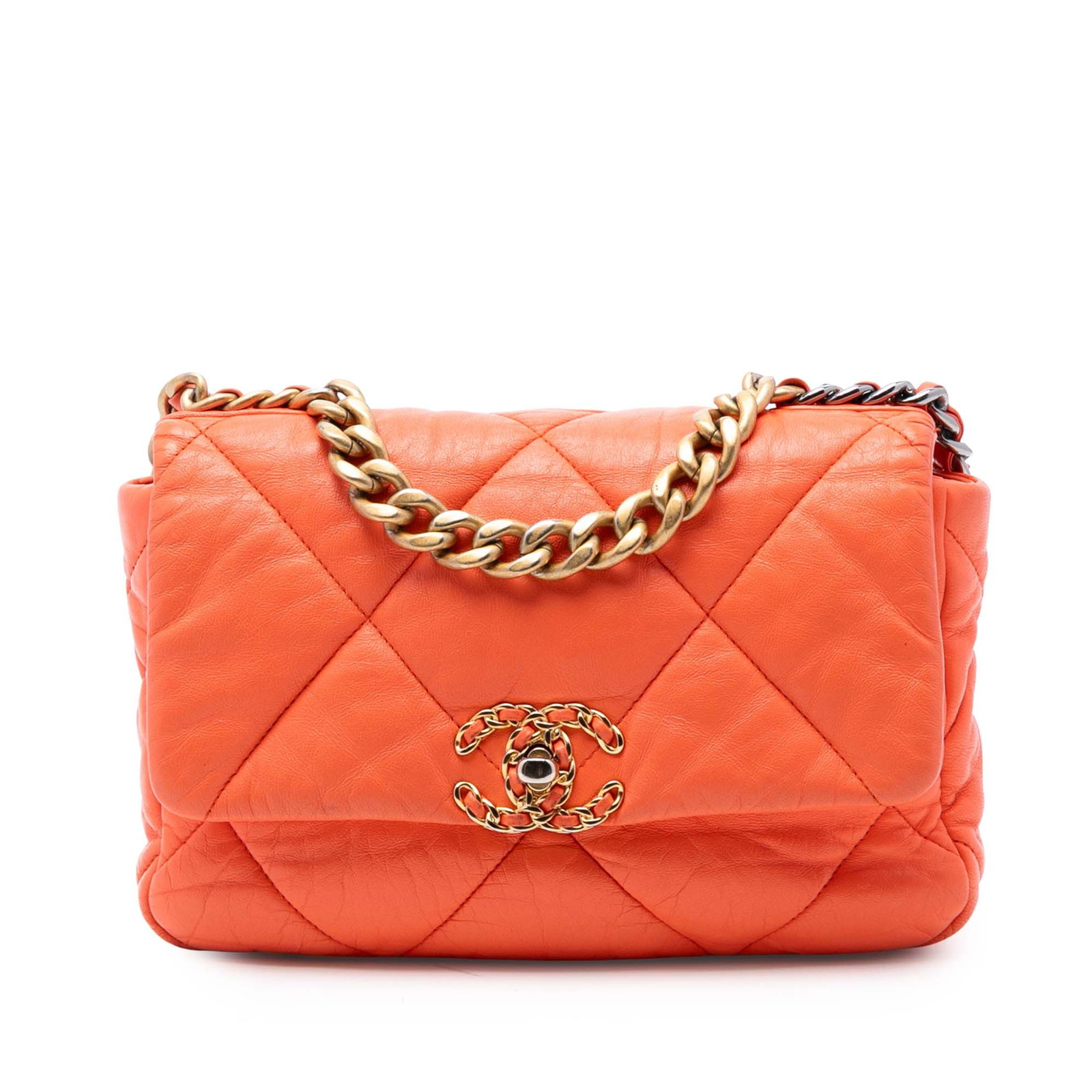 Chanel 19 Medium Orange Quilted Lambskin Flap Shoulder Bag: Chanel 19 Medium Orange Quilted Lambskin Flap Shoulder Bag This Chanel Medium 19 Flap bag showcases an orange quilted lambskin leather exterior with a chain handle and a woven leather chain shoulder s