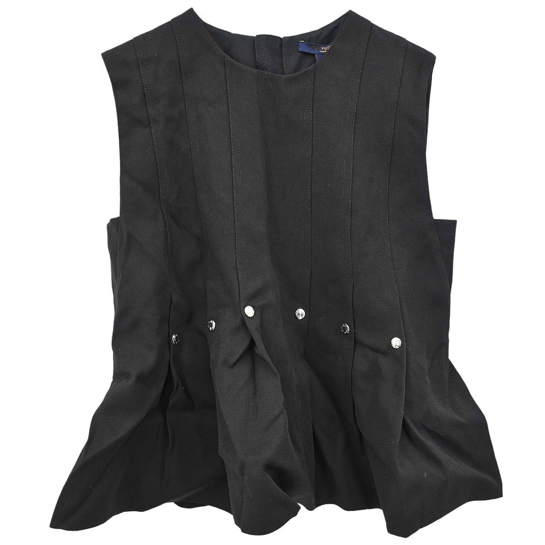 Louis Vuitton RW182W HLO FFBL98 Black Sleeveless Wool Silk Top FR 40: Louis Vuitton RW182W HLO FFBL98 Black Sleeveless Wool Silk Top FR 40 Louis Vuitton sleeveless top in black with a round neckline and regular fit. Made in France from a wool and silk blend, this women'