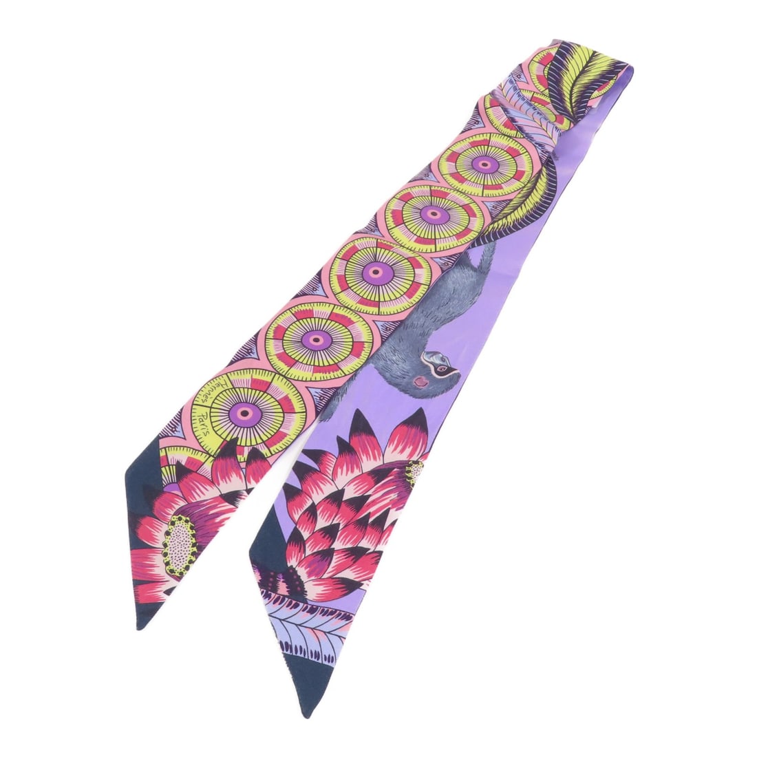 Silk Twilly Scarf by Hermes in Multicolor Purple and Pink: Silk Twilly Scarf by Hermes in Multicolor Purple and Pink This Hermes Twilly scarf is crafted from silk and features a vibrant purple, pink, and multicolor design. Made in France, it offers a stylish 