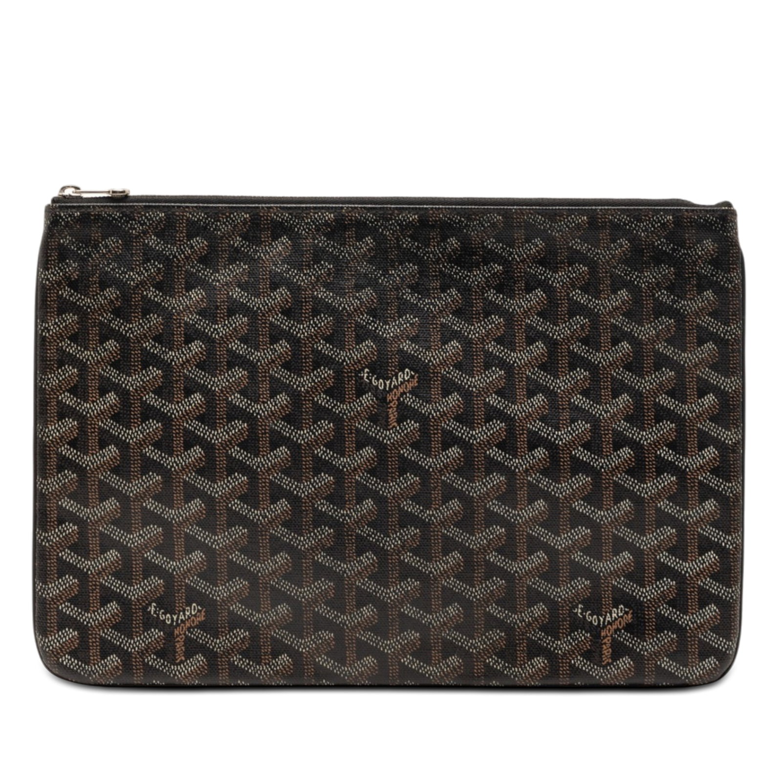 Goyard Senat MM Zip Pouch in Black Goyardine Canvas: Goyard Senat MM Zip Pouch in Black Goyardine Canvas The Goyardine Senat MM is a black bag with a coated canvas body, top zip closure, and an interior slip pocket. Condition is AB, with noted wear incl