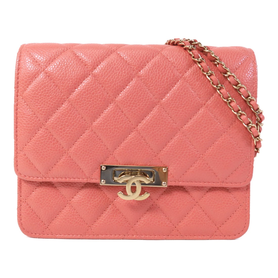CHANEL Pink Grained Calfskin Wallet On Chain Shoulder Bag GHW: CHANEL Pink Grained Calfskin Wallet On Chain Shoulder Bag GHW This CHANEL shoulder bag features the iconic CC design and gold-tone hardware, crafted from grained calfskin leather in a stylish pink hue