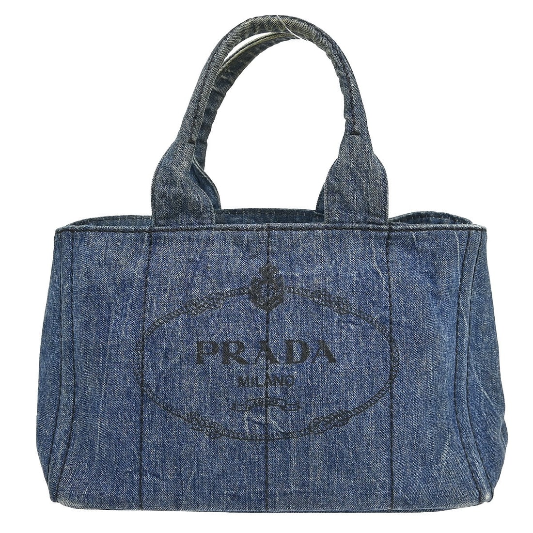 PRADA Canapa Blue Canvas Tote Bag with Dust Bag: PRADA Canapa Blue Canvas Tote Bag with Dust Bag Prada Canapa tote handbag in blue denim canvas with logo accent. This medium tote features a casual design with a structured interior that includes two 