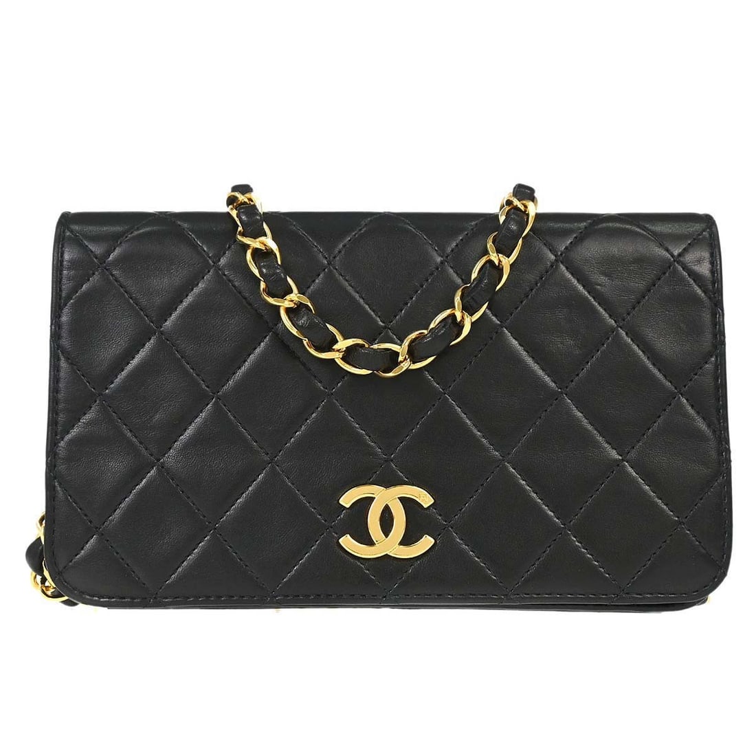 CHANEL Full Flap Mini Shoulder Bag Black Lambskin Push Lock: CHANEL Full Flap Mini Shoulder Bag Black Lambskin Push Lock Chanel Full Flap mini shoulder bag in black lambskin leather with a matelasse quilted finish and push lock flap closure. This women's bag fe