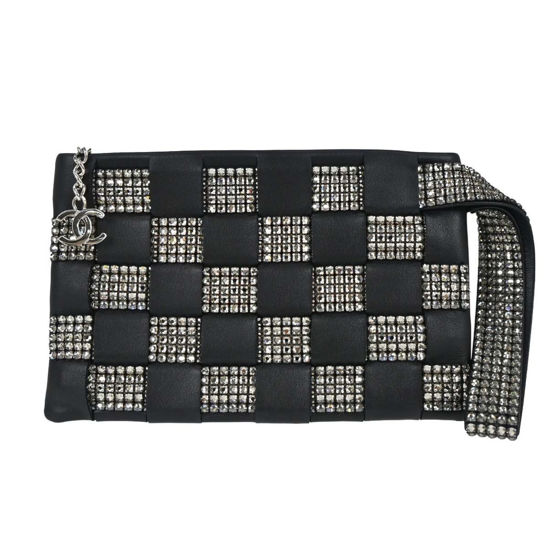 CHANEL Woven Stass Lambskin Wristlet Clutch in Black: CHANEL Woven Stass Lambskin Wristlet Clutch in Black Chanel woven strass clutch bag in black lambskin with a zip closure and wrist strap. The bag features a black lining, one interior pocket, and incl