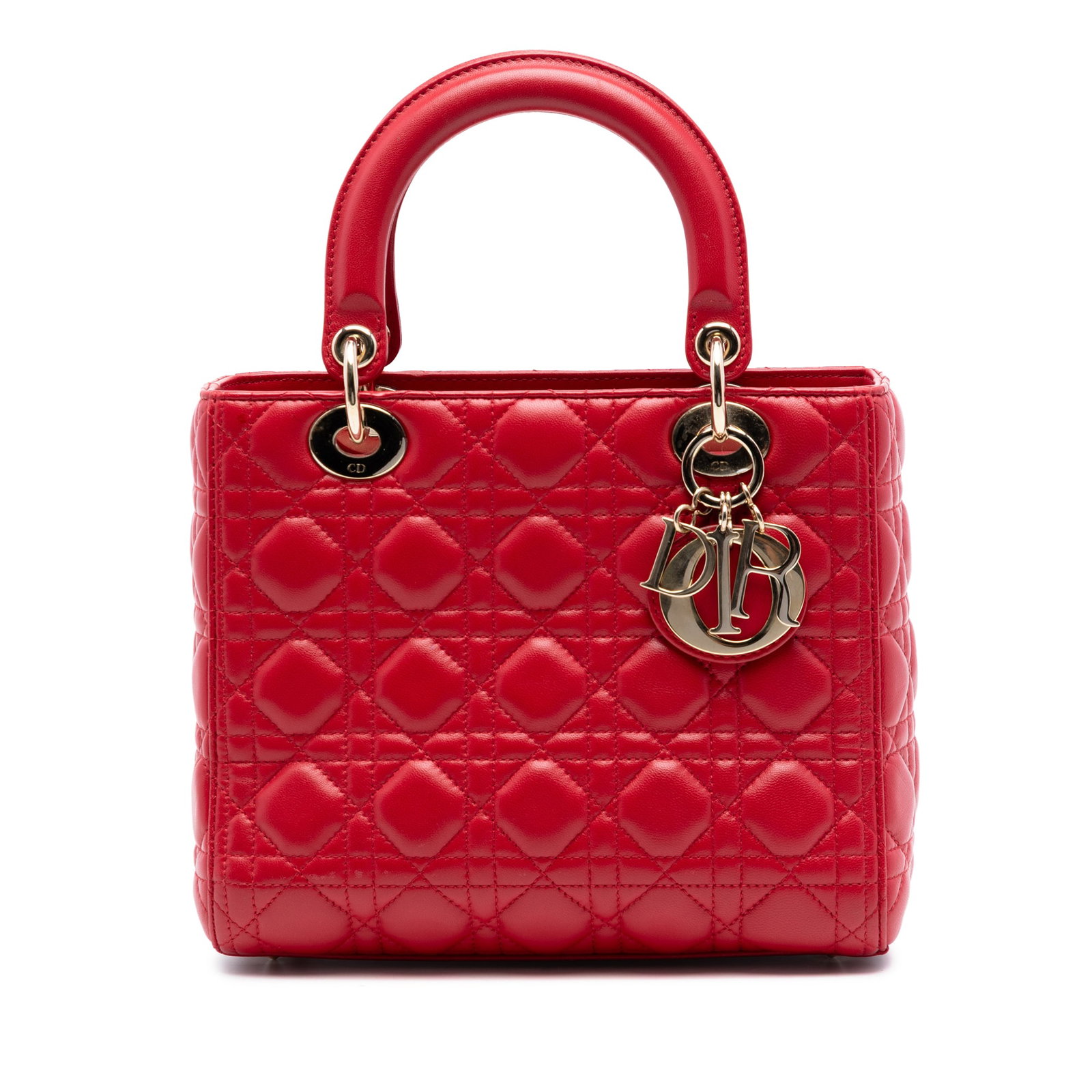 Dior Lady Cannage Medium Red Lambskin Top Handle Bag: Dior Lady Cannage Medium Red Lambskin Top Handle Bag This Medium Lady Dior handbag features a quilted lambskin leather exterior in red, complemented by flat leather top handles and a top zip closure. 