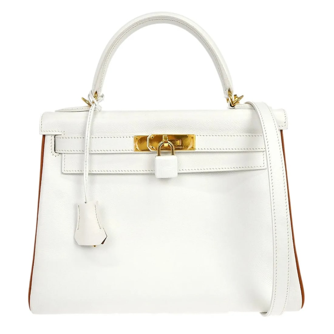 Hermes Kelly White Leather Handbag 28cm Gold Tone Hardware: Hermes Kelly White Leather Handbag 28cm Gold Tone Hardware Hermes Kelly handbag in white leather with a structured silhouette and classic design. Made in France, this piece is in very good overall con