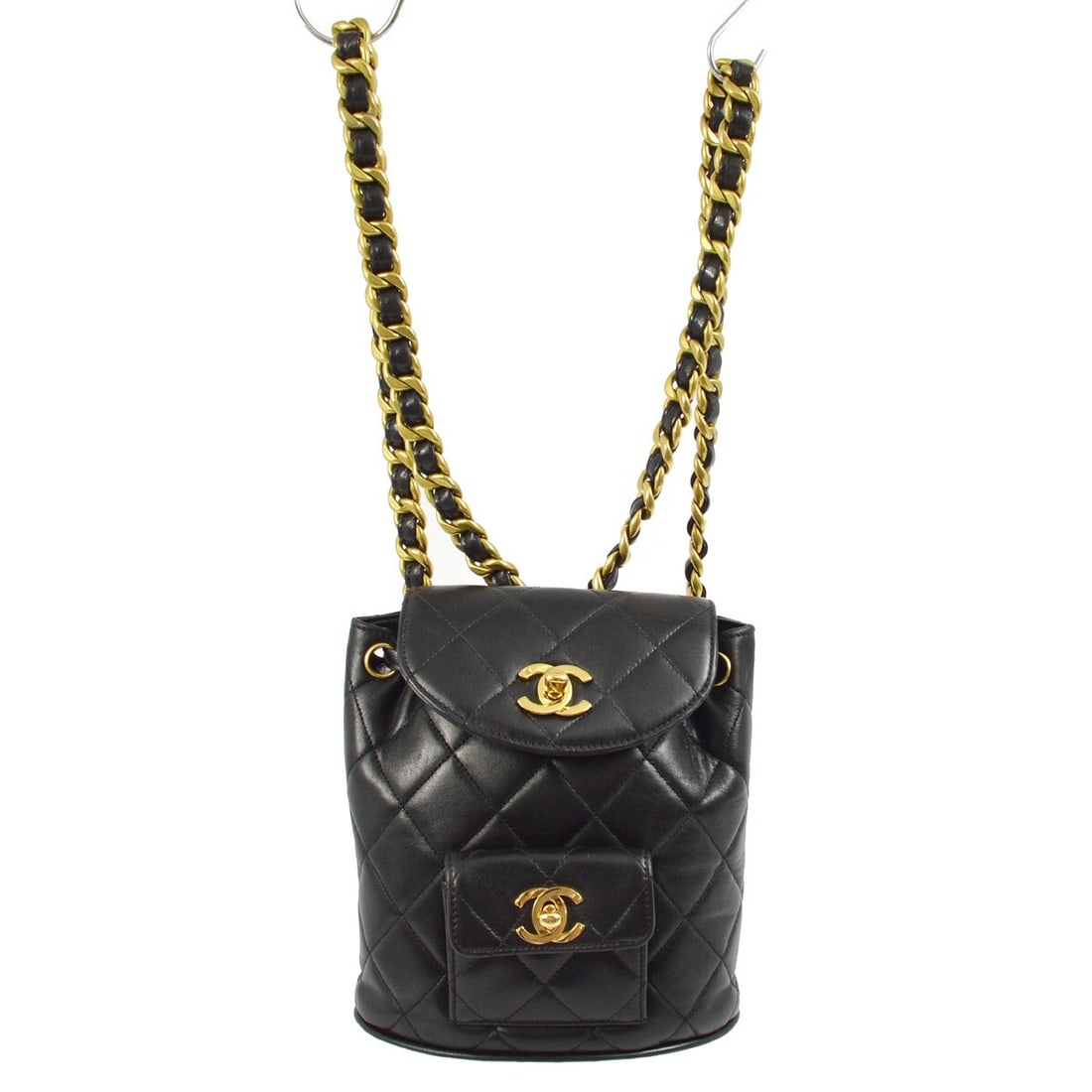 CHANEL Duma Mini Backpack Black Lambskin Drawstring Bag: CHANEL Duma Mini Backpack Black Lambskin Drawstring Bag Small Chanel Duma backpack in black lambskin with a drawstring closure, black leather lining, logo accents, and a chain strap. Made in France, t