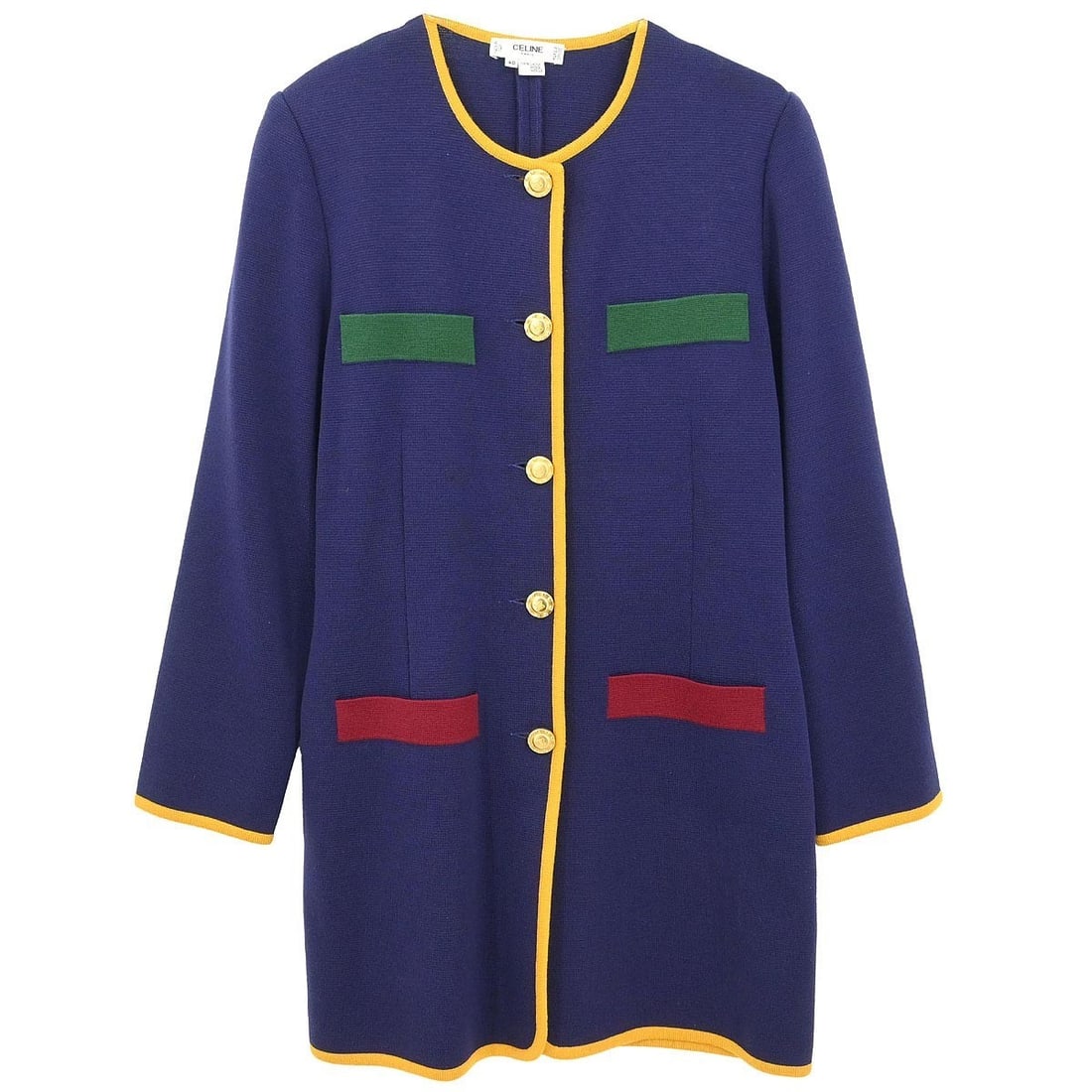 CELINE Navy Wool Cardigan Sweater Womens Size 40 Italy: CELINE Navy Wool Cardigan Sweater Womens Size 40 Italy Women's Celine cardigan in navy wool with a long-sleeve design and four exterior pockets. Made in Italy. Condition shows stains and dirt on the e