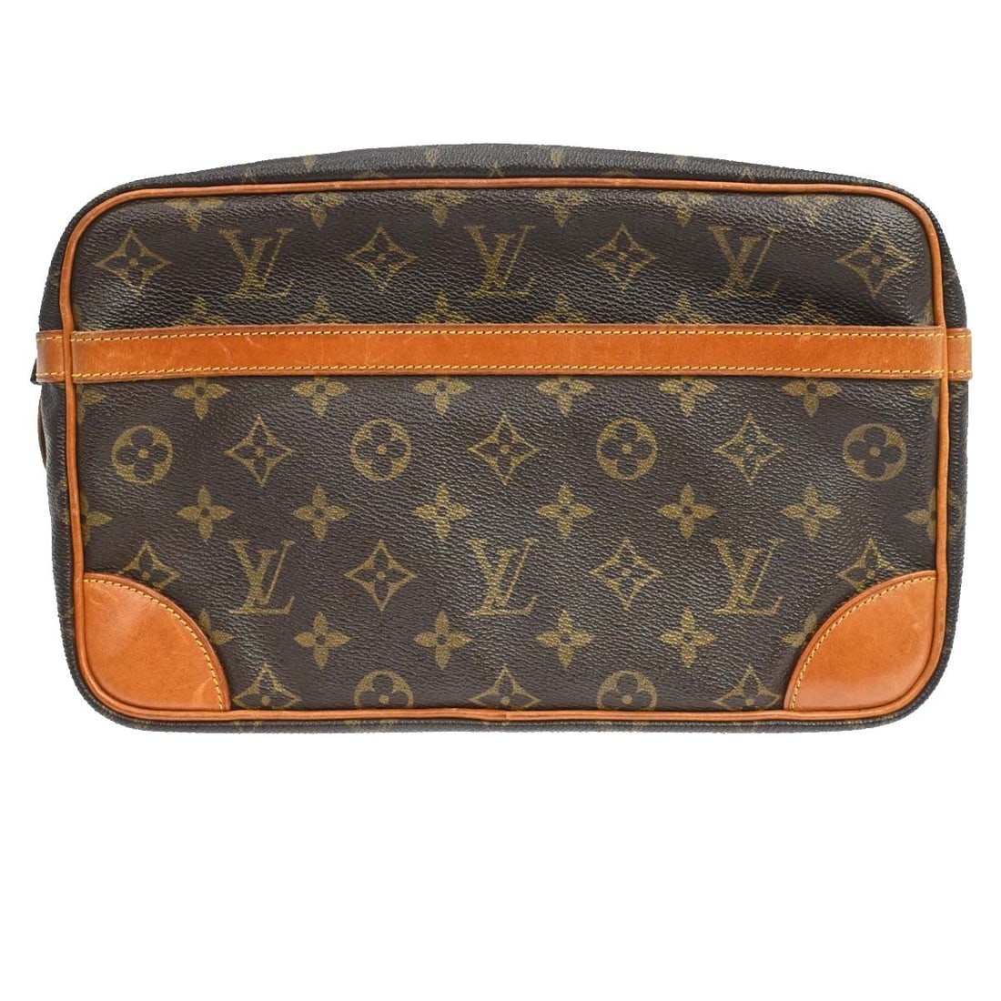 Louis Vuitton Compiegne 28 Monogram Canvas Clutch Bag M51845: Louis Vuitton Compiegne 28 Monogram Canvas Clutch Bag M51845 Vintage Louis Vuitton Compiegne 28 clutch handbag in brown monogram canvas with leather trim and a zip closure. The bag shows noticeable vi