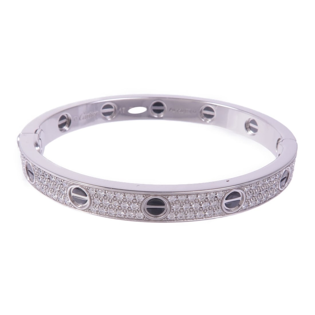 Cartier Love Ceramic Bangle 18K White Gold Diamond Size 17: Cartier Love Ceramic Bangle 18K White Gold Diamond Size 17 This is a Cartier Love Bangle crafted in 18K white gold, featuring ceramic details and a diamond accent. Designed for women, this iconic bang