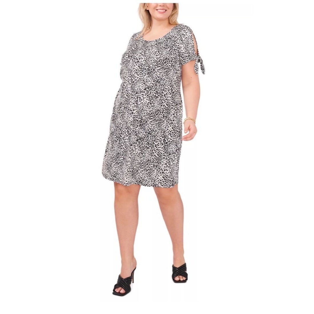 MSK Plus Size Leopard Print Tie-Sleeve Dress 1X: MSK Plus Size Leopard Print Tie-Sleeve Dress 1X Elevate your wardrobe with this stylish MSK Plus Size Pullover Dress featuring a striking leopard-print design. Crafted from a soft and stretchy polyest