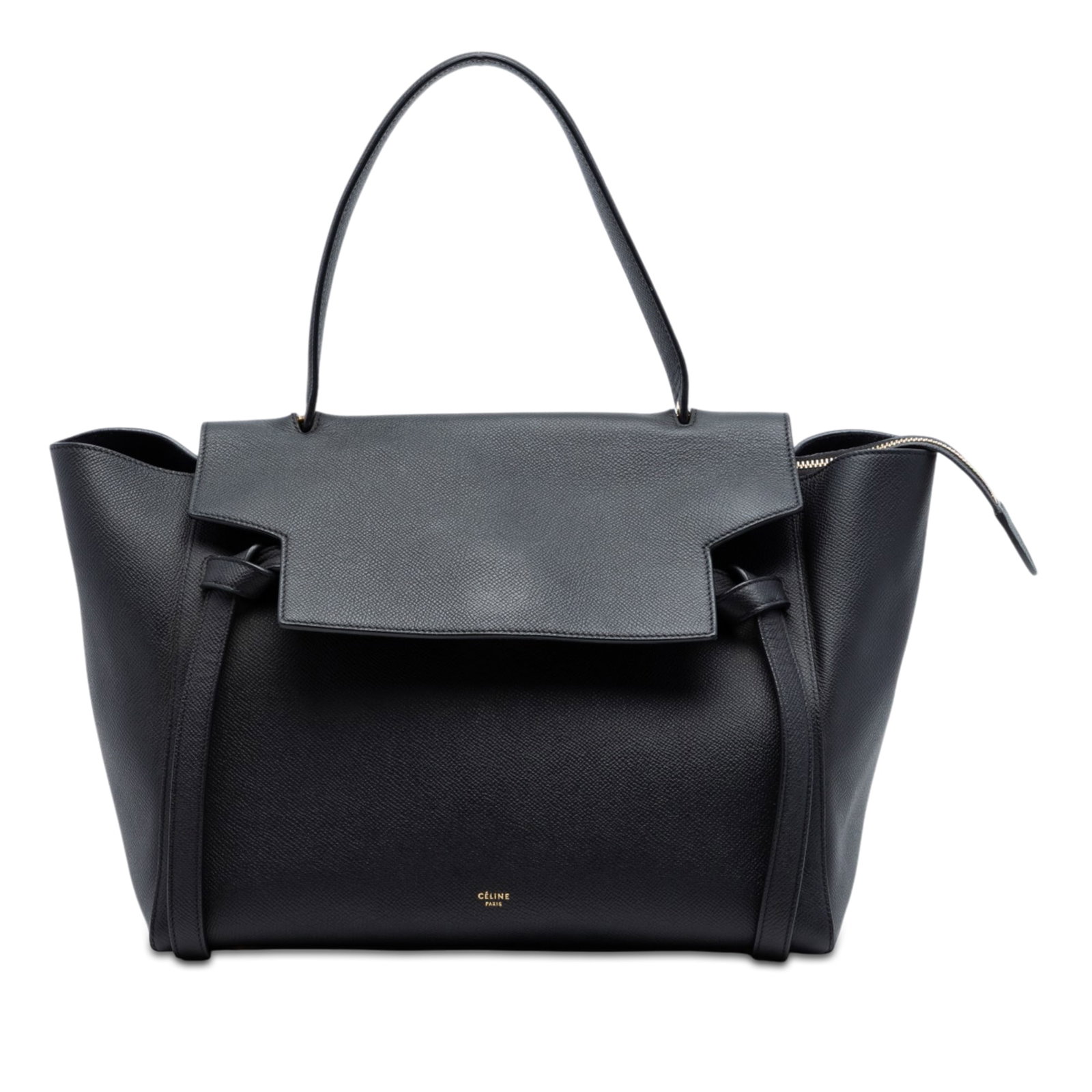 Celine Mini Grained Calfskin Black Belt Bag: Celine Mini Grained Calfskin Black Belt Bag This Celine Mini Grained Calfskin Belt Bag is crafted from black leather and features a flat leather handle, a top flap with slip-through closure, a top zip
