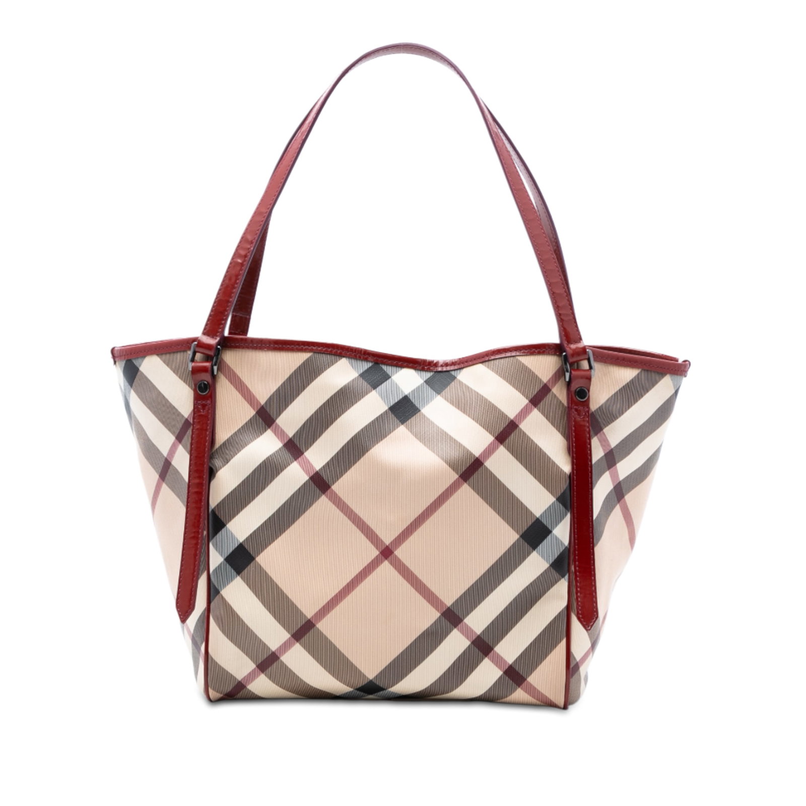 Burberry tote bag in Supernova check coated canvas with leather trim: Burberry tote bag in Supernova check coated canvas with leather trim This tote bag features Burberry's iconic supernova check pattern on coated canvas with leather trim. It is designed with flat leath