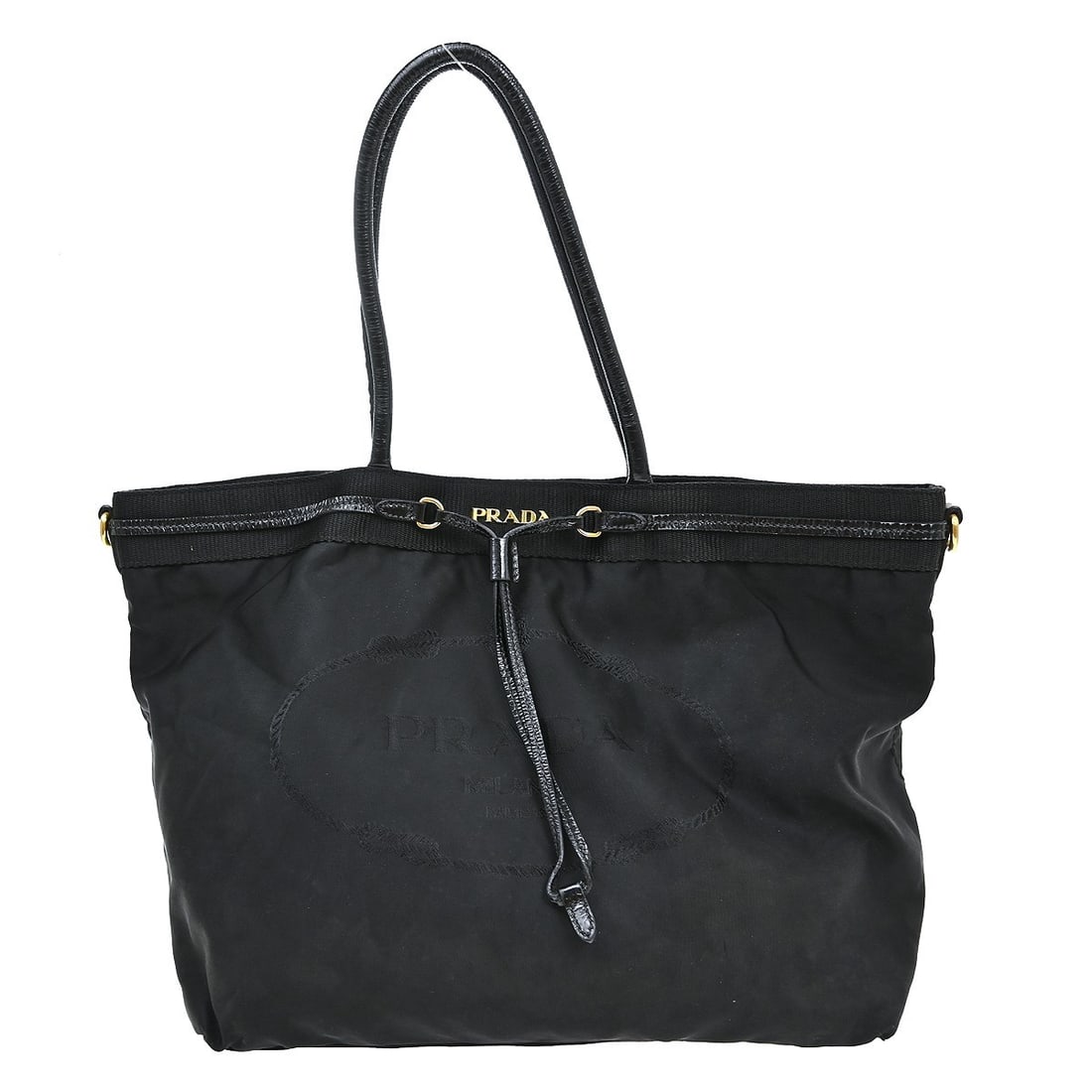PRADA Medium Black Nylon Tote Bag Made in Italy: PRADA Medium Black Nylon Tote Bag Made in Italy Vintage Prada tote handbag in black nylon with leather trim and logo accent. This medium women's bag features a casual tote silhouette with one interior