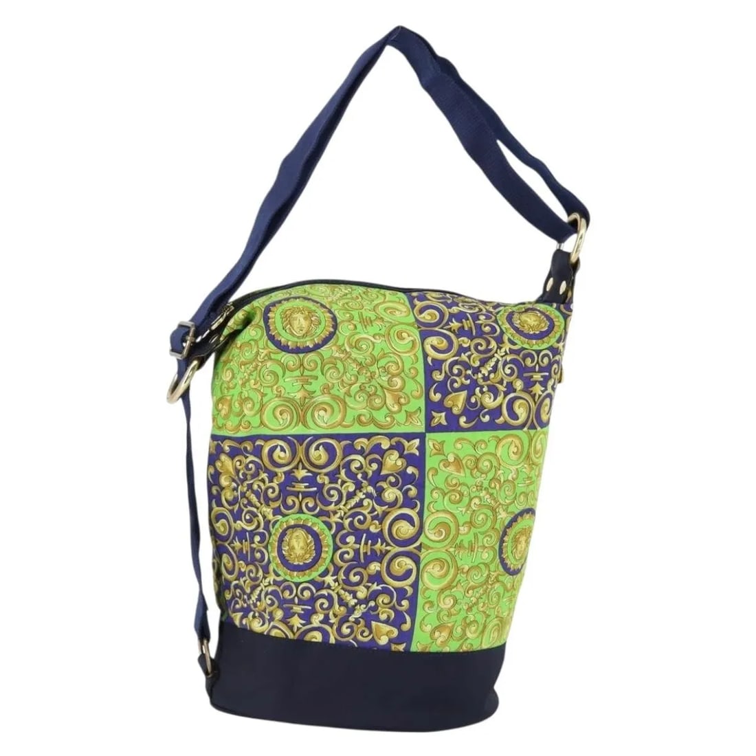 Versace Vintage Green Cotton Shoulder Bag 21cm x 34cm x 21cm: Versace Vintage Green Cotton Shoulder Bag 21cm x 34cm x 21cm This vintage Versace shoulder bag for women is crafted from green cotton and features metal fittings. It is a pre-owned item in good condit