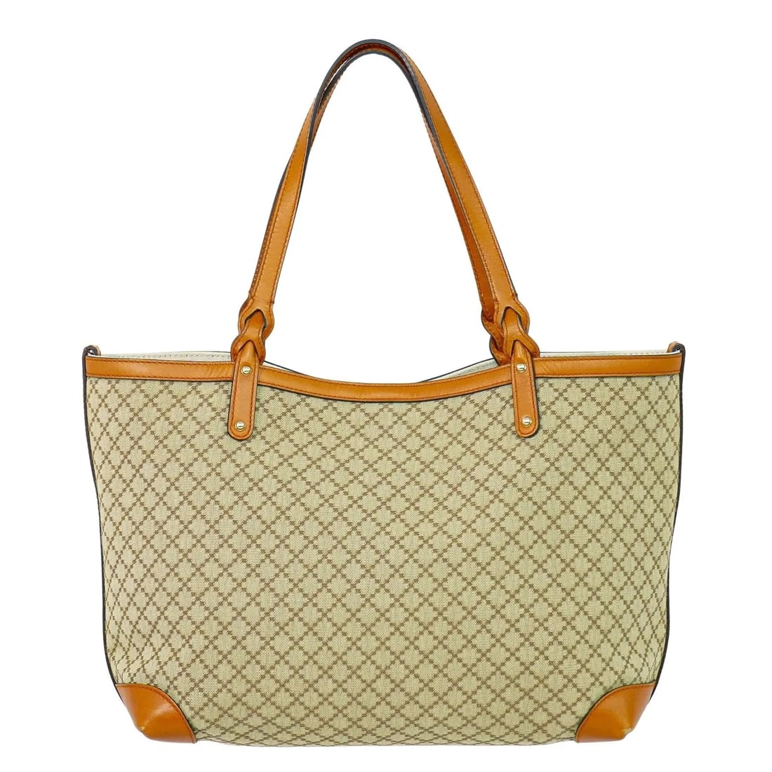 Beige Diamante Canvas Craft Tote Bag with Leather Trim by Gucci: Beige Diamante Canvas Craft Tote Bag with Leather Trim by Gucci This Gucci Craft Tote is crafted from Diamante canvas with leather accents in a beige color. Designed for women, it features a spacious 