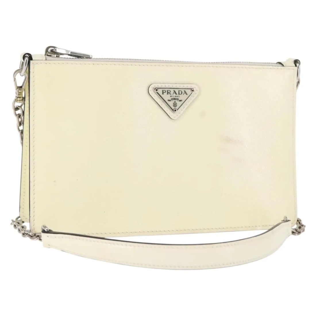 Prada Vernice Saffiano Leather White Chain Crossbody Bag: Prada Vernice Saffiano Leather White Chain Crossbody Bag This Prada Chain Crossbody Bag Vernice is crafted from white Saffiano leather and designed for women. The bag features a chain shoulder strap a