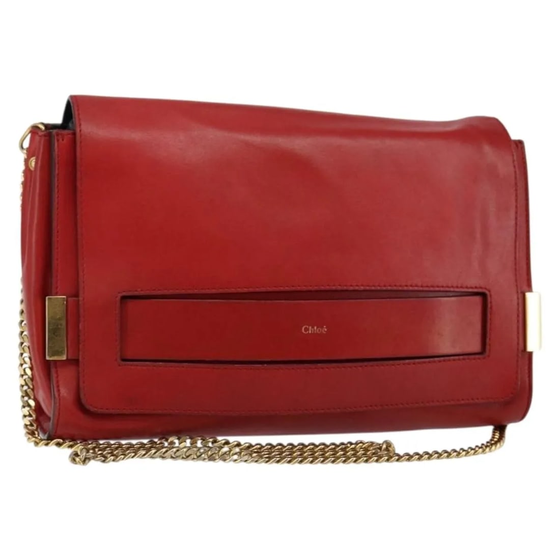 Red Leather Elle Chain Clutch Bag by Chloe: Red Leather Elle Chain Clutch Bag by Chloe The Chloe Elle Chain Clutch is crafted from red leather and features a chain shoulder strap. This pre-owned clutch is designed for women and is made in Italy
