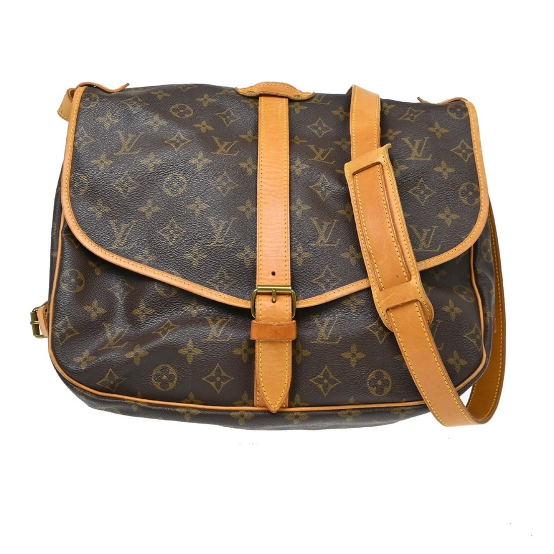 Louis Vuitton Saumur 35 Monogram Canvas Crossbody Shoulder Bag M42254: Louis Vuitton Saumur 35 Monogram Canvas Crossbody Shoulder Bag M42254 Vintage Louis Vuitton Saumur 35 shoulder bag in brown Monogram canvas with leather trim and a buckle closure. This unisex bag feat