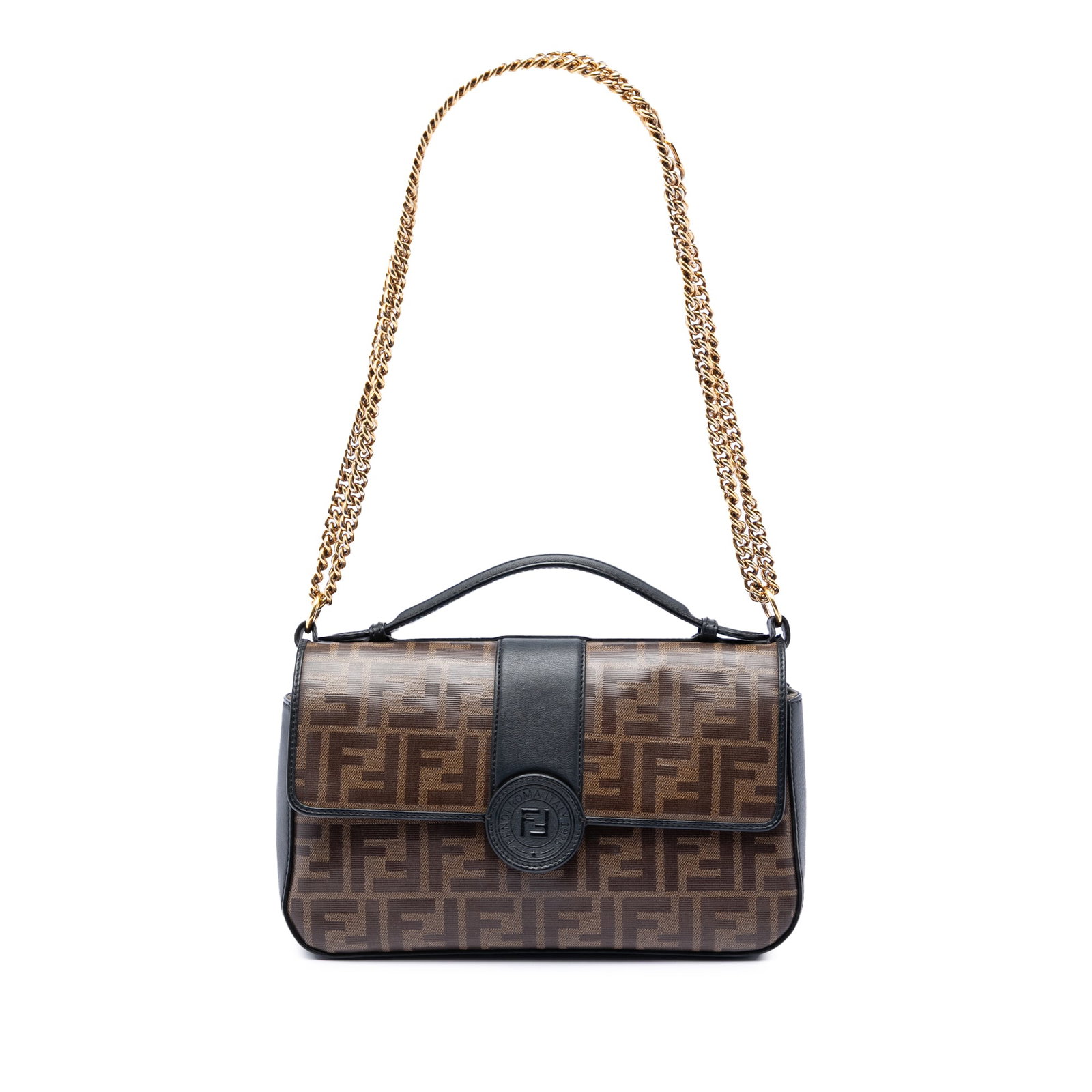Fendi Zucca Double F Crystal Baguette Satchel Bag: Fendi Zucca Double F Crystal Baguette Satchel Bag Fendi Zucca Crystal Double F Baguette satchel with a coated canvas and leather body, a flat leather top handle, and a chain link strap. The design fea