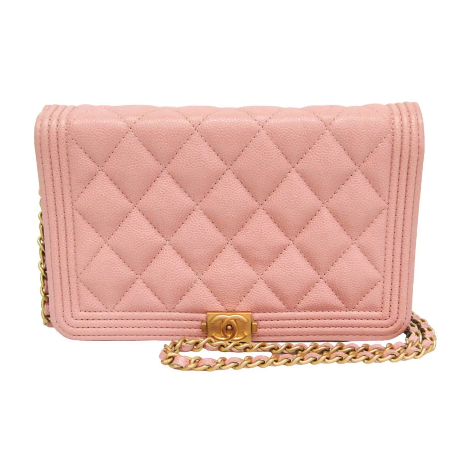 Chanel Boy Wallet on Chain Pink Calfskin Handbag: Chanel Boy Wallet on Chain Pink Calfskin Handbag Chanel Boy Wallet on Chain in pink with a quilted design. This women's bag is made of calfskin and remains in good overall condition, showing light sur