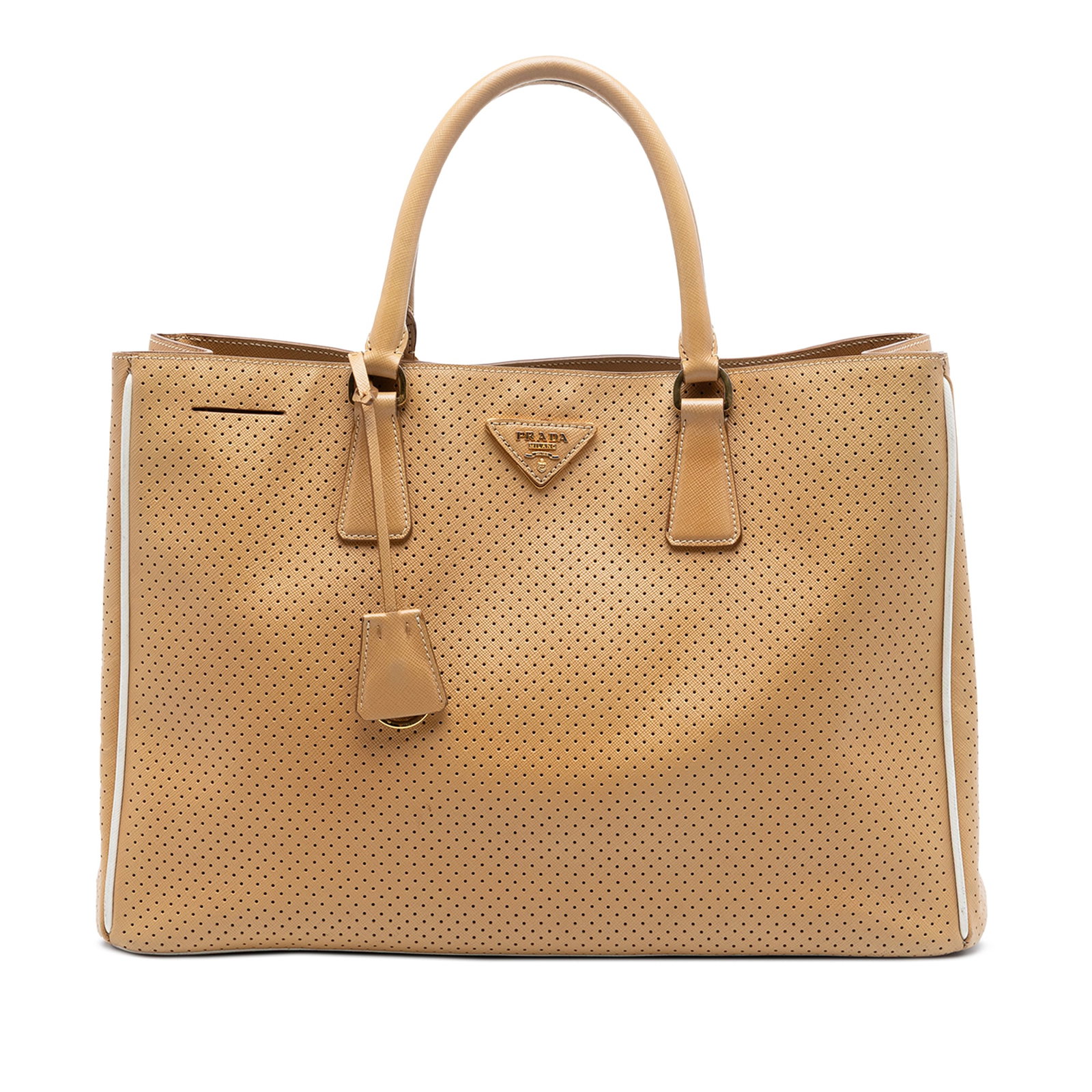 Prada Galleria Zip Tote Large Perforated Saffiano Lux Leather: Prada Galleria Zip Tote Large Perforated Saffiano Lux Leather Prada Galleria zip tote crafted in perforated Saffiano leather with rolled leather handles, an open top with magnetic snap closure, and an