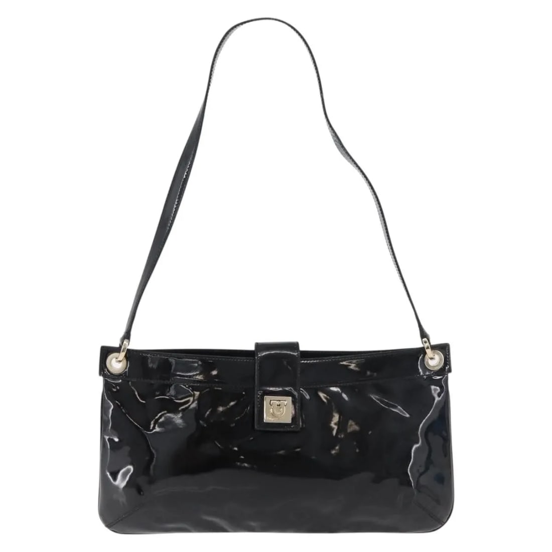 Black Patent Leather Shoulder Bag Salvatore Ferragamo Gancini: Black Patent Leather Shoulder Bag Salvatore Ferragamo Gancini This Salvatore Ferragamo Gancini shoulder bag is crafted from black patent leather and features a sleek, structured silhouette. Designed f
