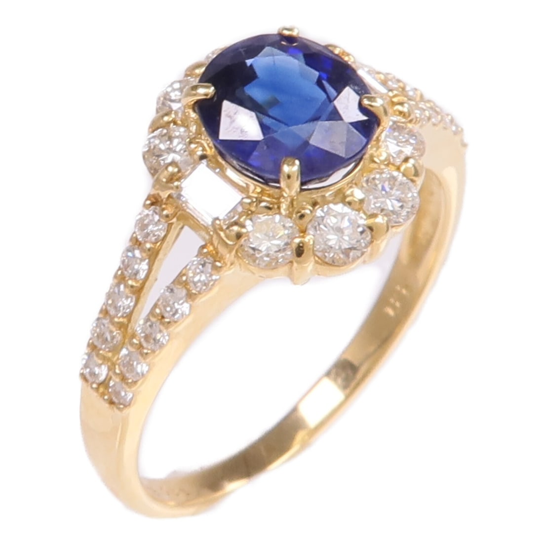 18K Yellow Gold Sapphire and Diamond Ring Size 5.75: 18K Yellow Gold Sapphire and Diamond Ring Size 5.75 This ring features a vibrant blue sapphire accented by sparkling diamonds, set in 18K yellow gold. The piece is crafted in a classic style and is si
