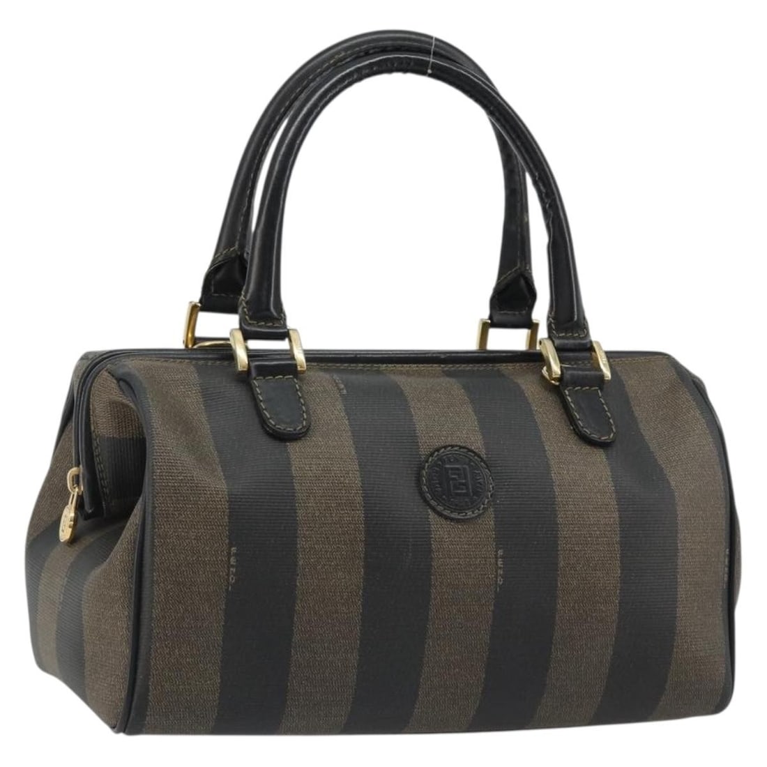 FENDI Pequin Canvas Boston Bag Black Brown PVC Leather: FENDI Pequin Canvas Boston Bag Black Brown PVC Leather Fendi Boston bag in Pequin canvas with PVC leather trim, featuring a black and brown colorway with gold-tone accents. Made in Italy, this women's