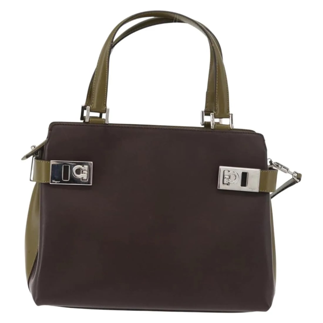 Salvatore Ferragamo Double Gancini patent leather brown tote bag: Salvatore Ferragamo Double Gancini patent leather brown tote bag Salvatore Ferragamo Double Gancini Side Buckle Tote in brown patent leather. This women's bag is made in Italy and presented in good vi