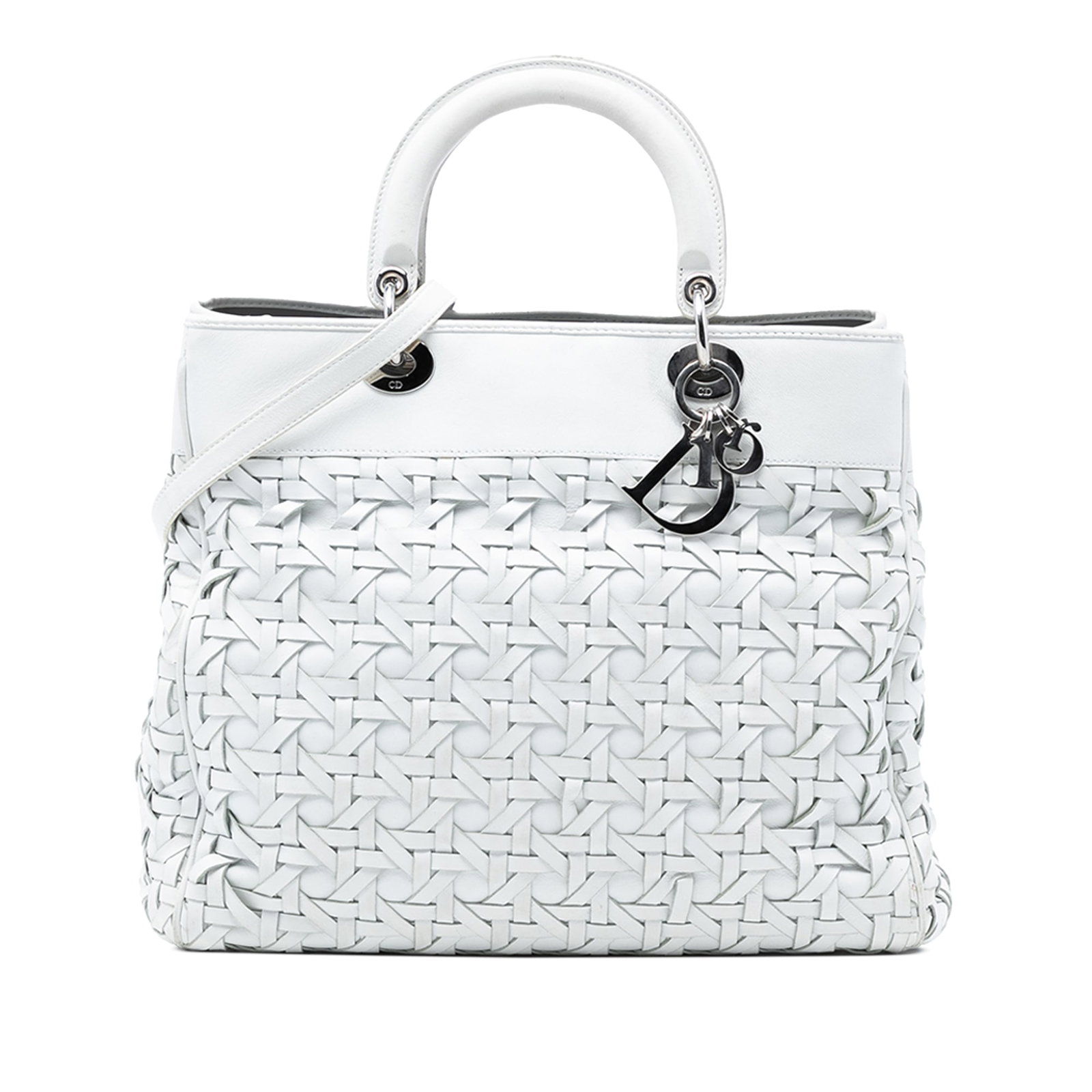 Dior Lady Dior Avenue White Woven Lambskin Leather Tote Satchel Italy: Dior Lady Dior Avenue White Woven Lambskin Leather Tote Satchel Italy This Dior Woven Lambskin Lady Dior Avenue Tote features a woven leather body in white, structured leather handles, and a detachabl