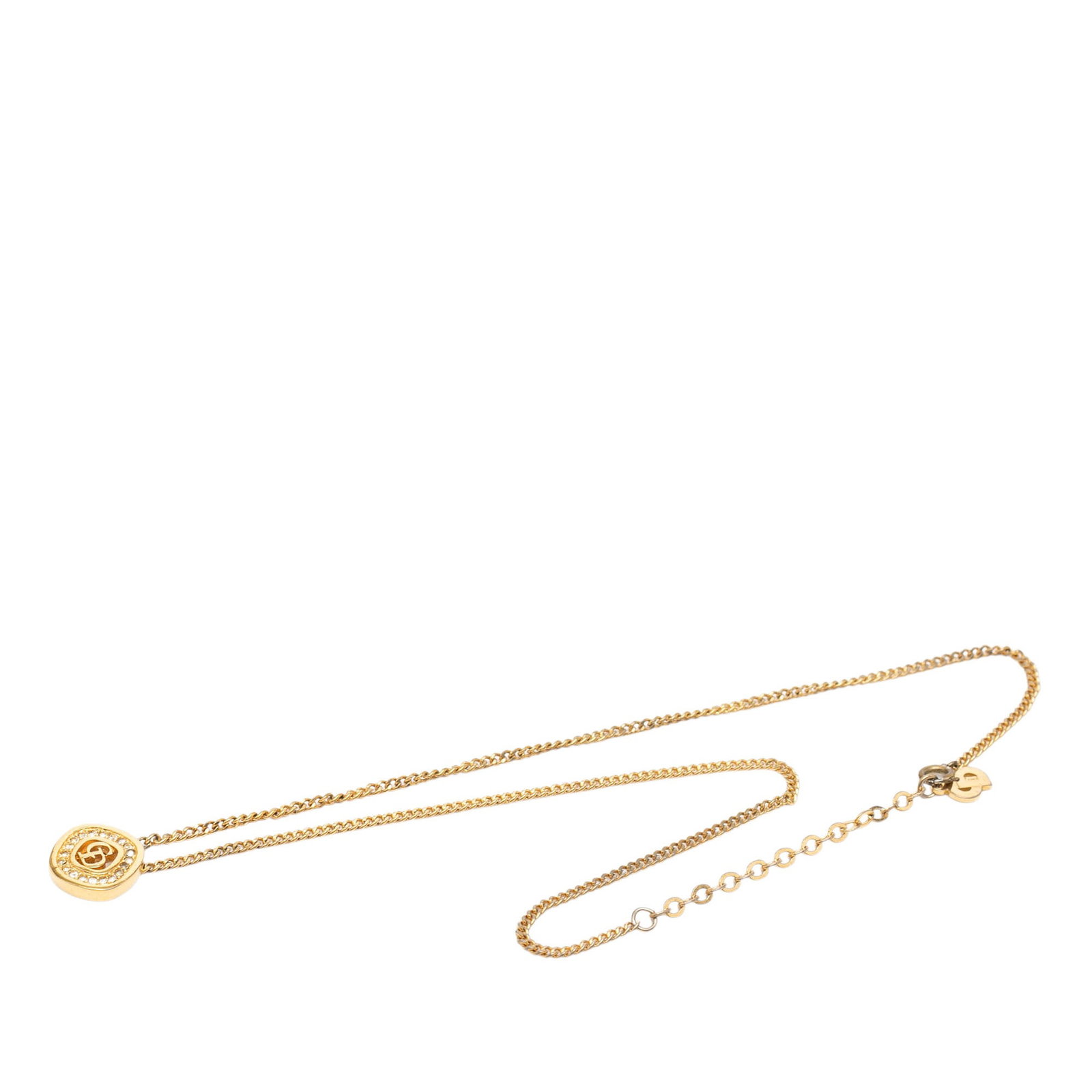 Dior gold tone rhinestone CD pendant necklace: Dior gold tone rhinestone CD pendant necklace This Dior necklace features a gold tone metal body adorned with rhinestone embellishments and is secured with a lobster clasp closure. The pendant showcas