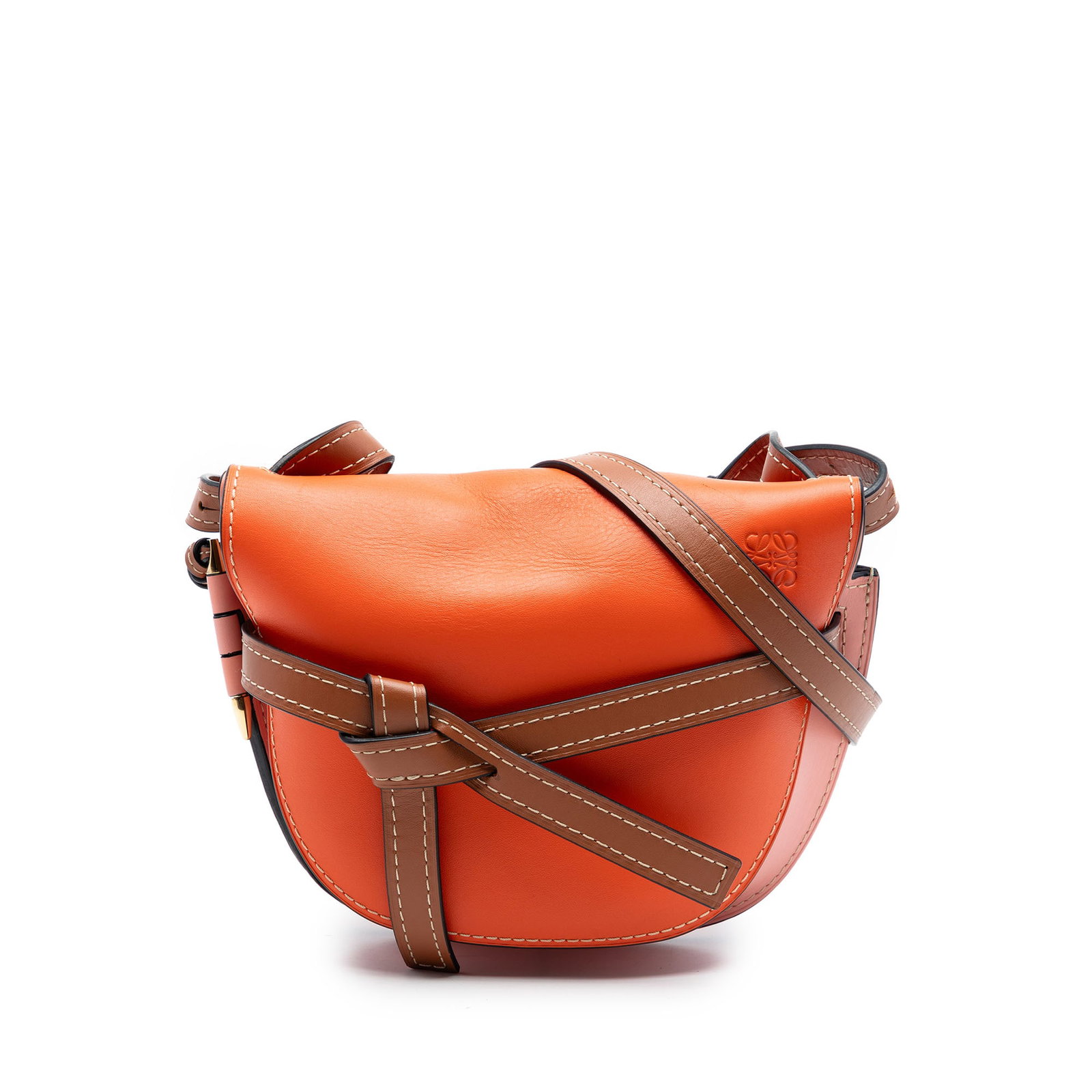 LOEWE Gate Small Tricolor Leather Crossbody Bag: LOEWE Gate Small Tricolor Leather Crossbody Bag This LOEWE Gate crossbody bag is crafted in tricolor leather and features a flat leather shoulder strap, knotted leather strap details, a slip-through f