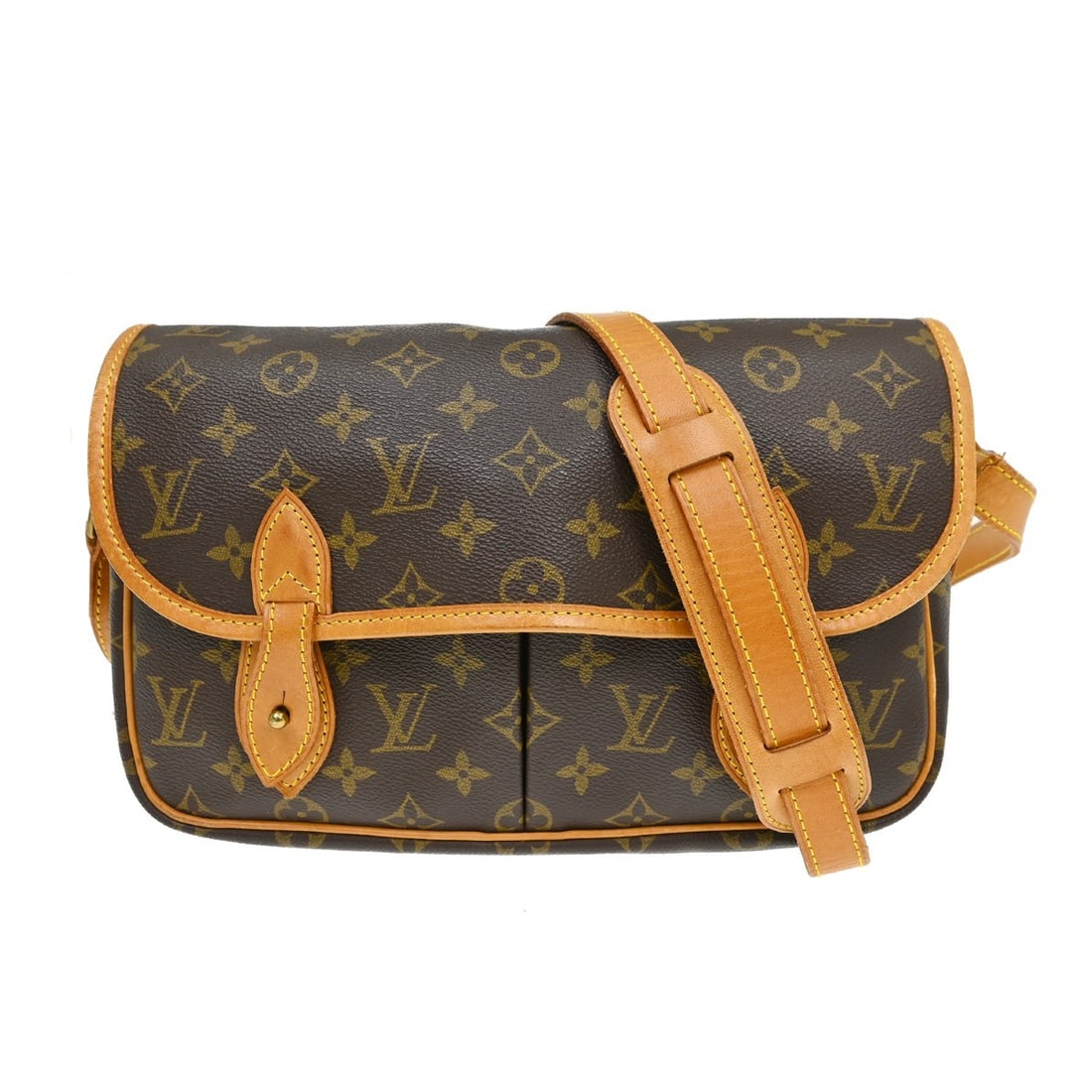 Louis Vuitton Gibeciere MM Monogram Canvas Shoulder Bag M42247: Louis Vuitton Gibeciere MM Monogram Canvas Shoulder Bag M42247 Vintage Louis Vuitton Gibeciere MM shoulder bag in brown Monogram canvas with leather trim and a buckle flap closure. The bag features th
