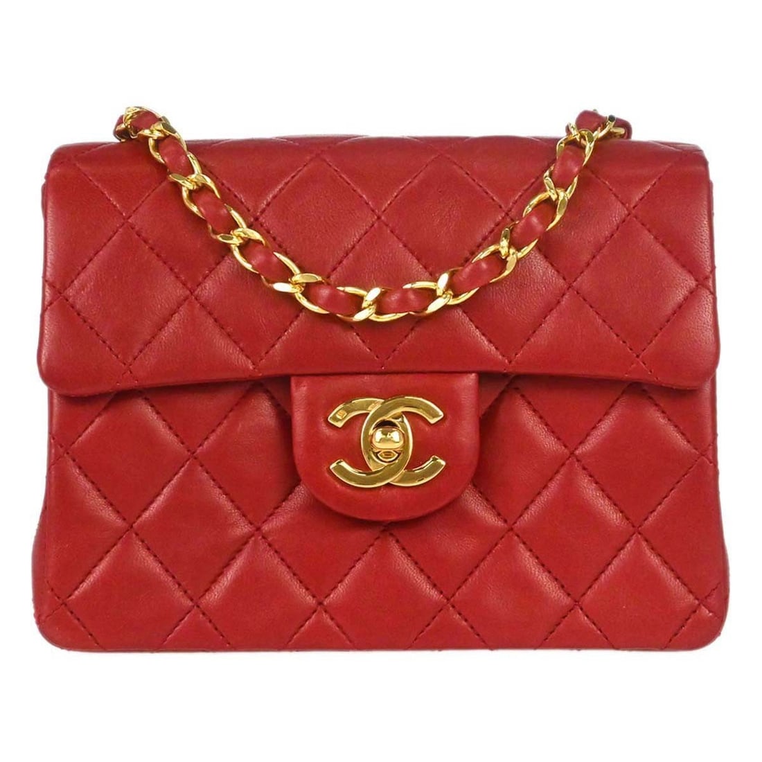 CHANEL Classic Flap Mini Square Lambskin Shoulder Bag Red: CHANEL Classic Flap Mini Square Lambskin Shoulder Bag Red Chanel Mini Classic Square Flap shoulder bag in red lambskin leather with matelasse quilting and a flap turnlock closure. This small shoulder 