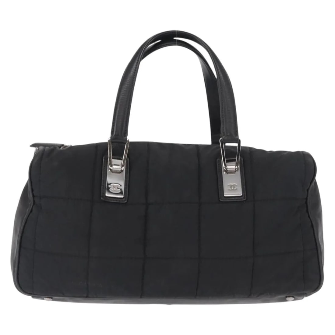 Chanel Quilted Nylon Boston Bag Square Stitch Design: Chanel Quilted Nylon Boston Bag Square Stitch Design Chanel Square Stitch Boston Bag in black nylon designed for unisex use. This bag features a quilted pattern and metal fittings with slight wear. It