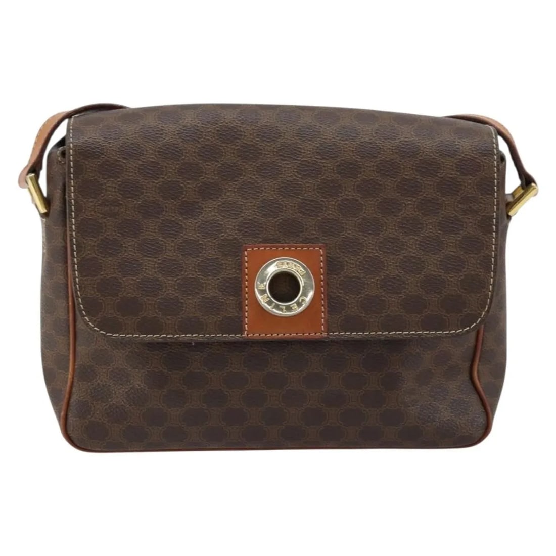 Celine Macadam Circle Logo Shoulder Bag Brown Canvas Leather: Celine Macadam Circle Logo Shoulder Bag Brown Canvas Leather This Celine Vintage Macadam Circle Logo shoulder bag features a classic brown canvas exterior with leather trim. Designed for women, it inc