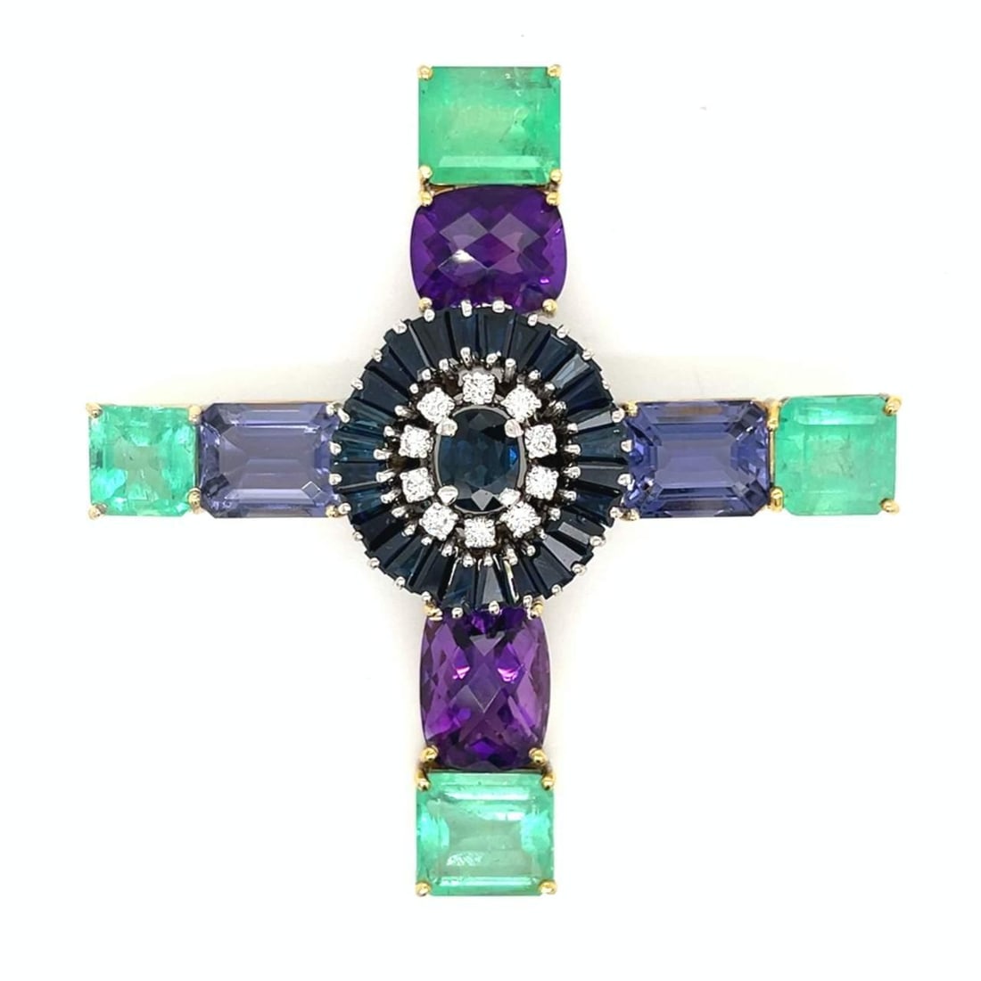 14K Yellow Gold Cross Pendant with Amethyst Emerald Sapphire Diamonds: 14K Yellow Gold Cross Pendant with Amethyst Emerald Sapphire Diamonds This stunning 14K Yellow Gold Cross Pendant showcases a vibrant array of gemstones, making it a perfect statement piece. It featur