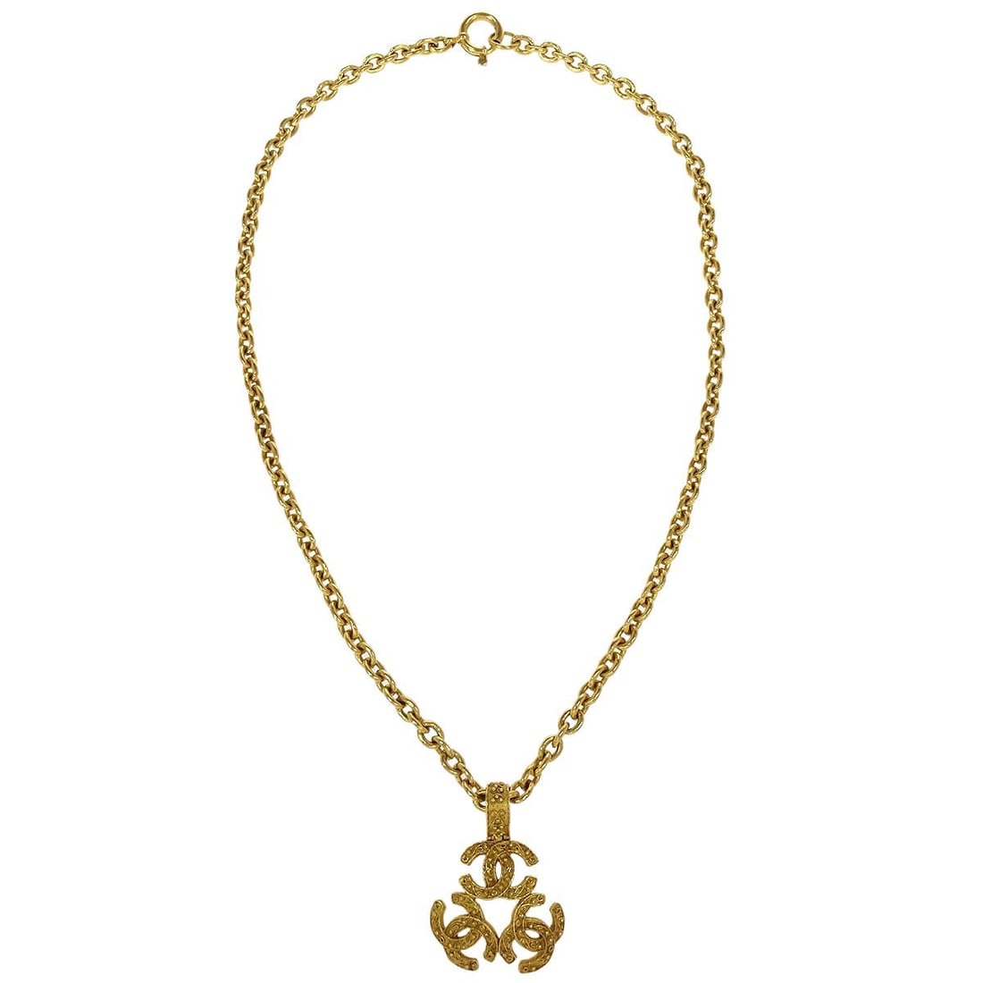 CHANEL Triple CC Gold Plated Pendant Necklace 94A: CHANEL Triple CC Gold Plated Pendant Necklace 94A Chanel pendant necklace featuring a triple CC charm design in gold-plated metal. Made in France, this piece has a quilted gold chain and comes with it